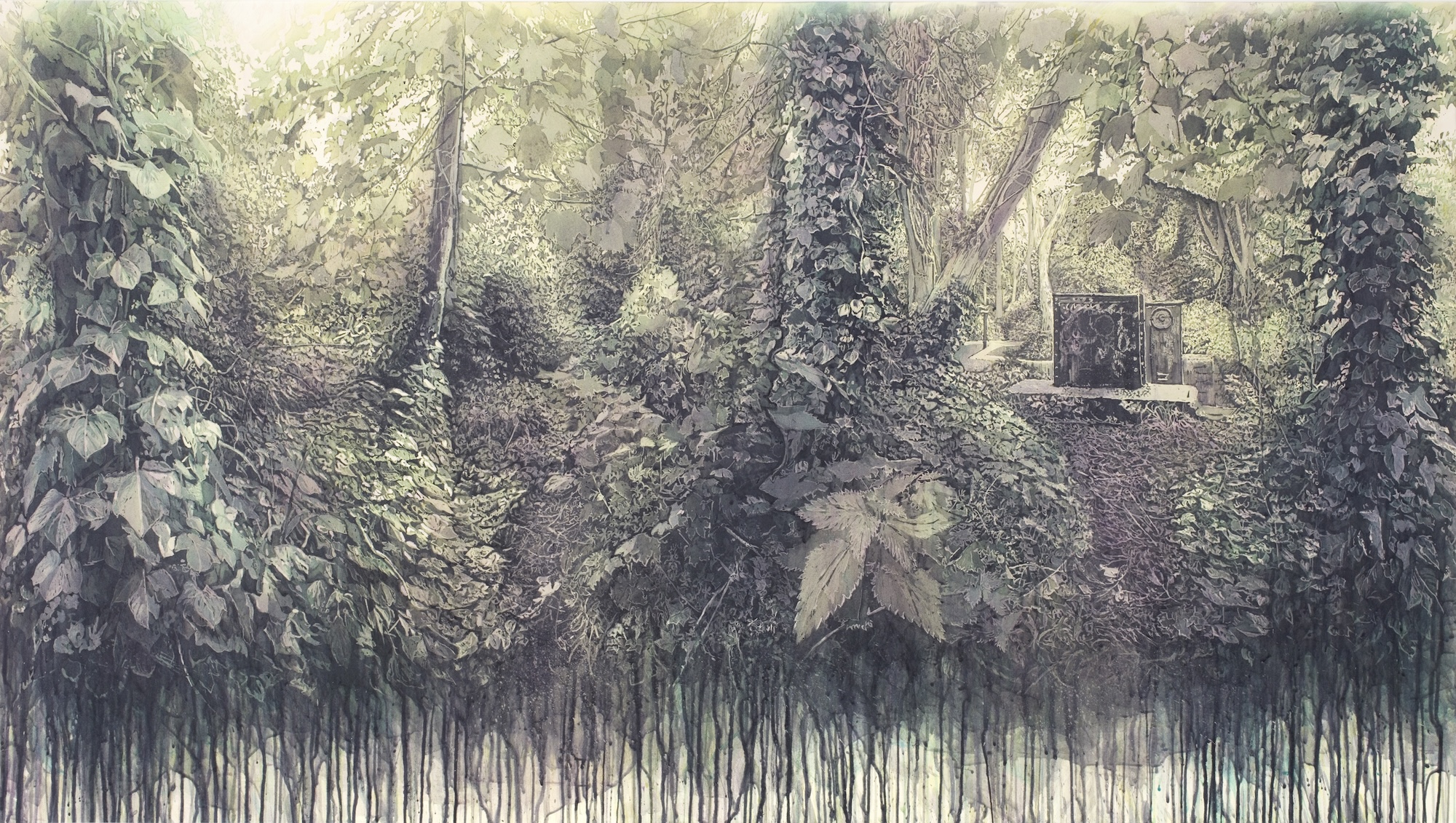 A dense woodland scene with tall trees, climbing ivy and tangled foliage, with a small stone structure visible in the upper right background.
