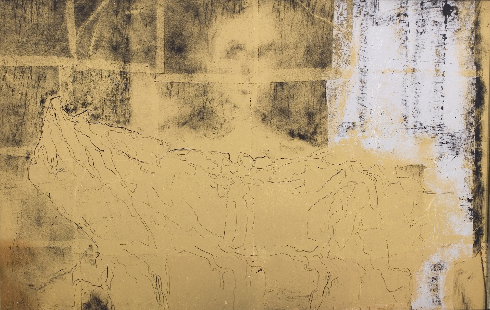 An abstract drawing primarily in yellow and black with white towards the right.