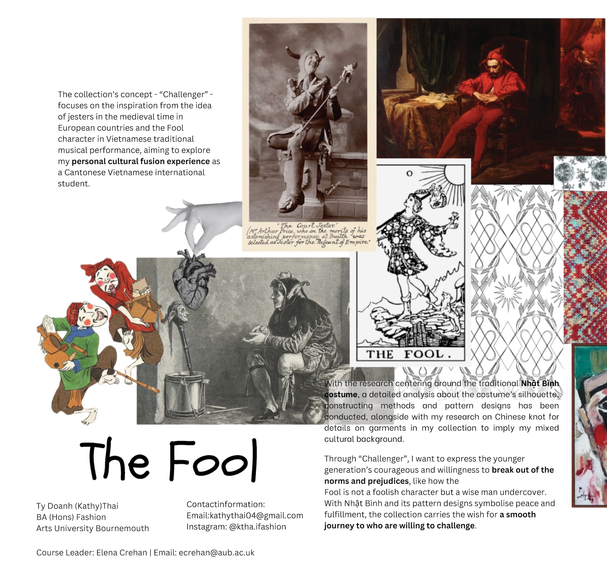 A presentation board titled “The Fool” with vintage and illustrated character images, a small fashion sketch collage, and blocks of explanatory text on a white background.