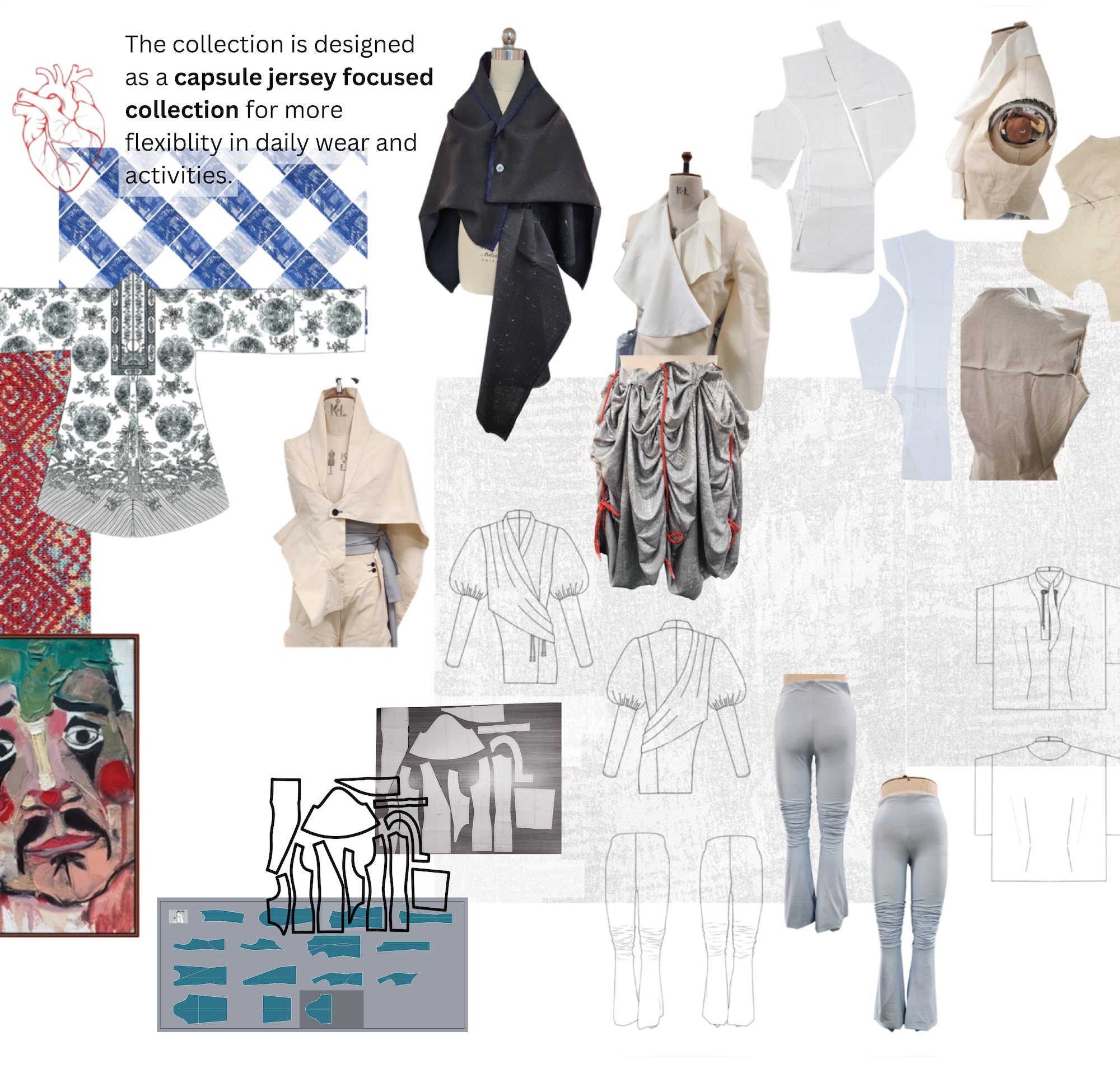 A fashion design mood board showing garment sketches, fabric swatches and layered outfit collages in neutral tones, with a block of text at the top left.