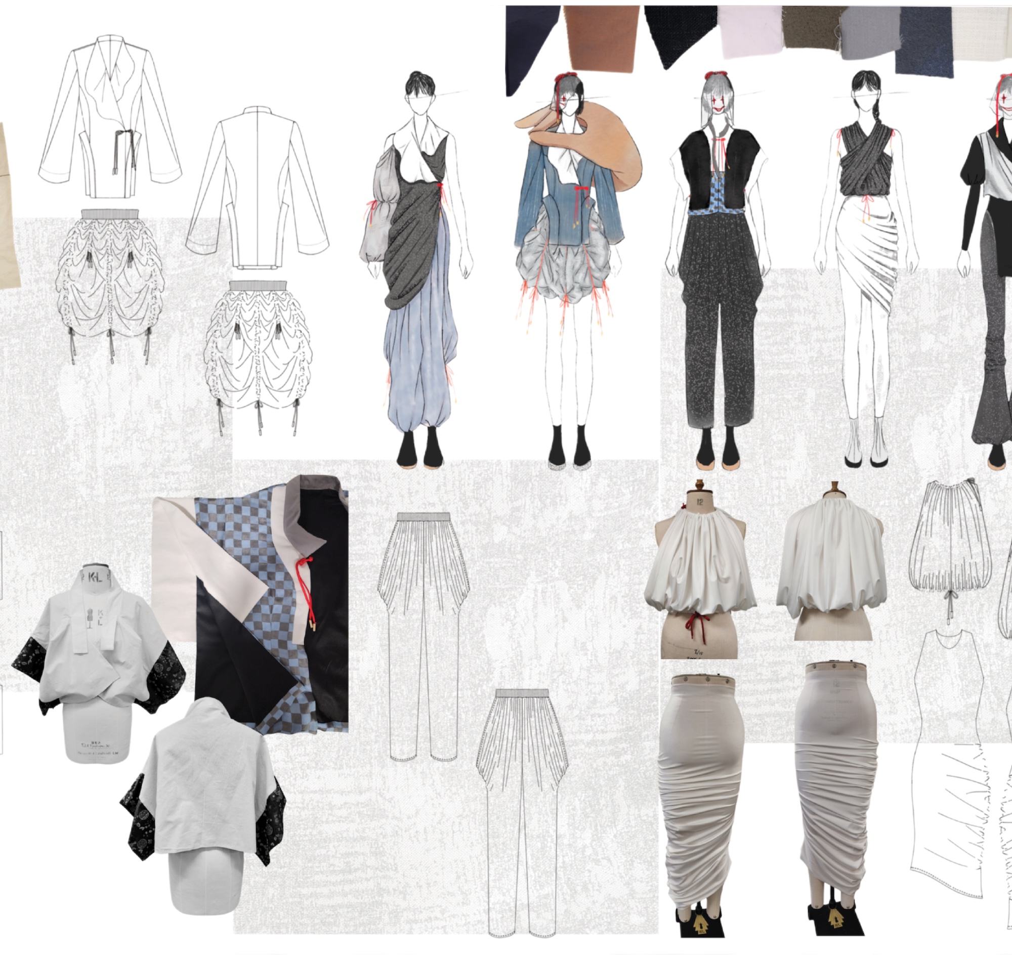 A fashion design mood board shows illustrated womenswear looks, fabric swatches and garment sketches arranged on a textured white background.