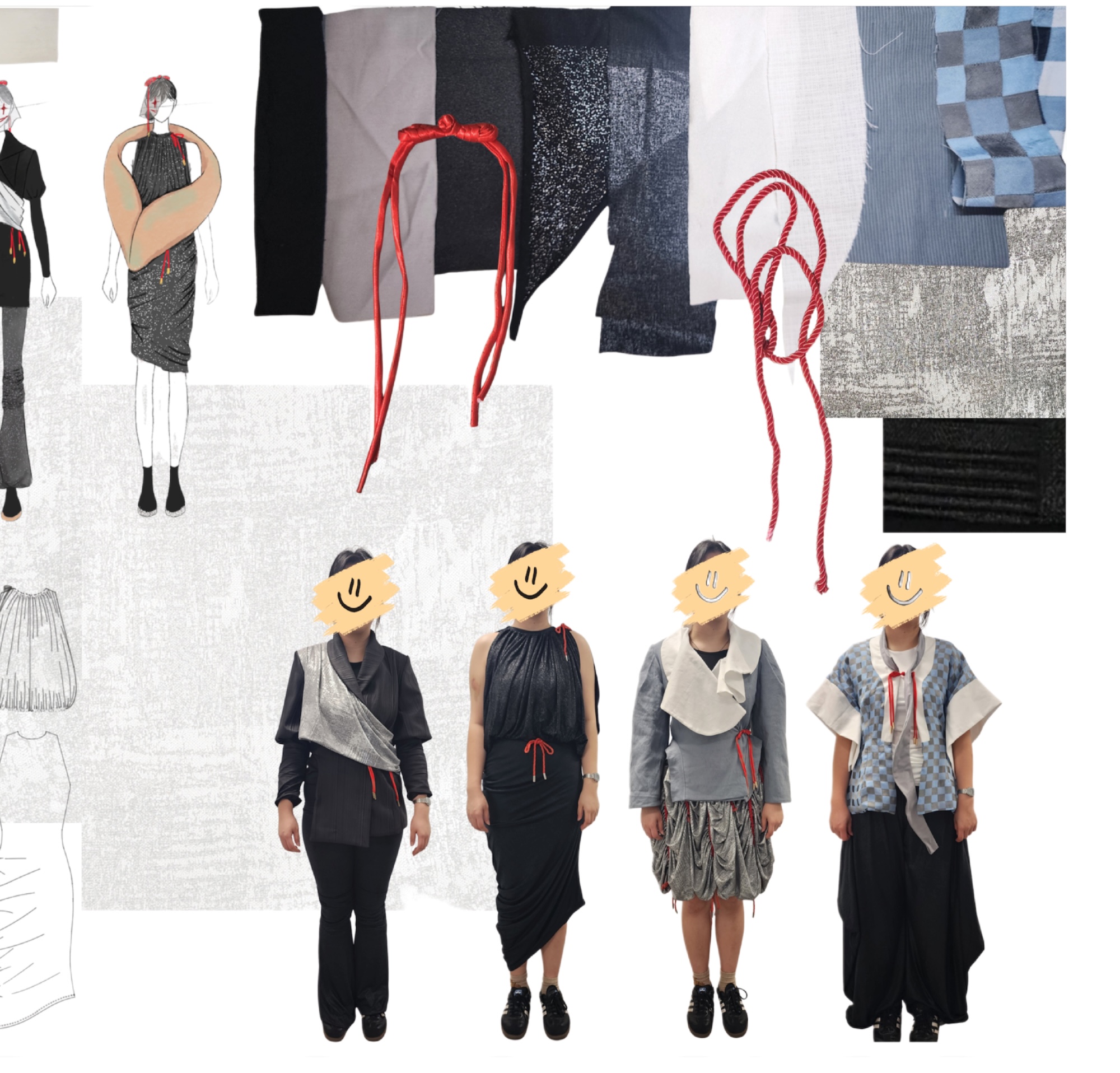 A fashion collage shows four women in layered black, grey and white outfits, with fabric swatches and garment sketches arranged above and beside them.