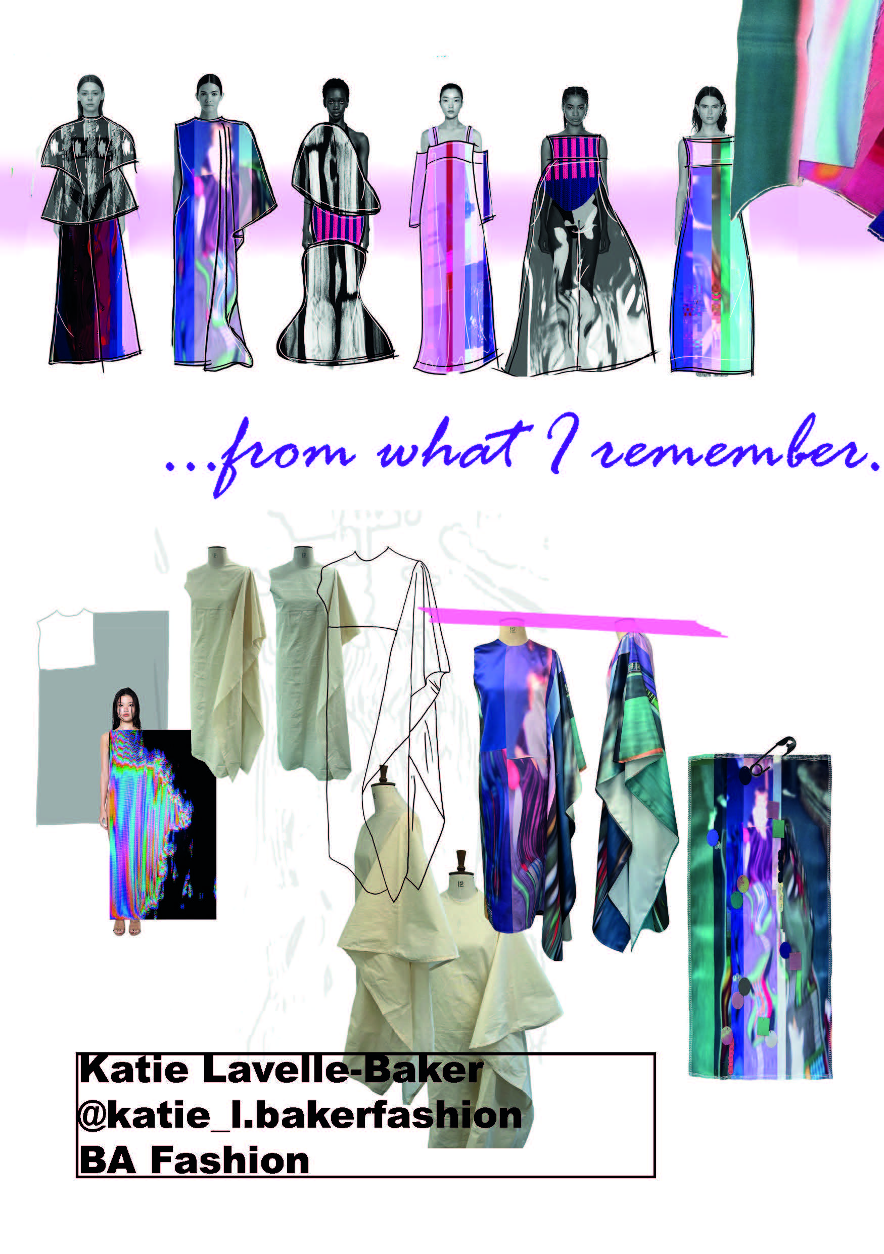 Fashion design collage showing garment sketches and draped textile samples, with the title '...from what I remember.' and the name Katie Lavelle-Baker at the bottom.