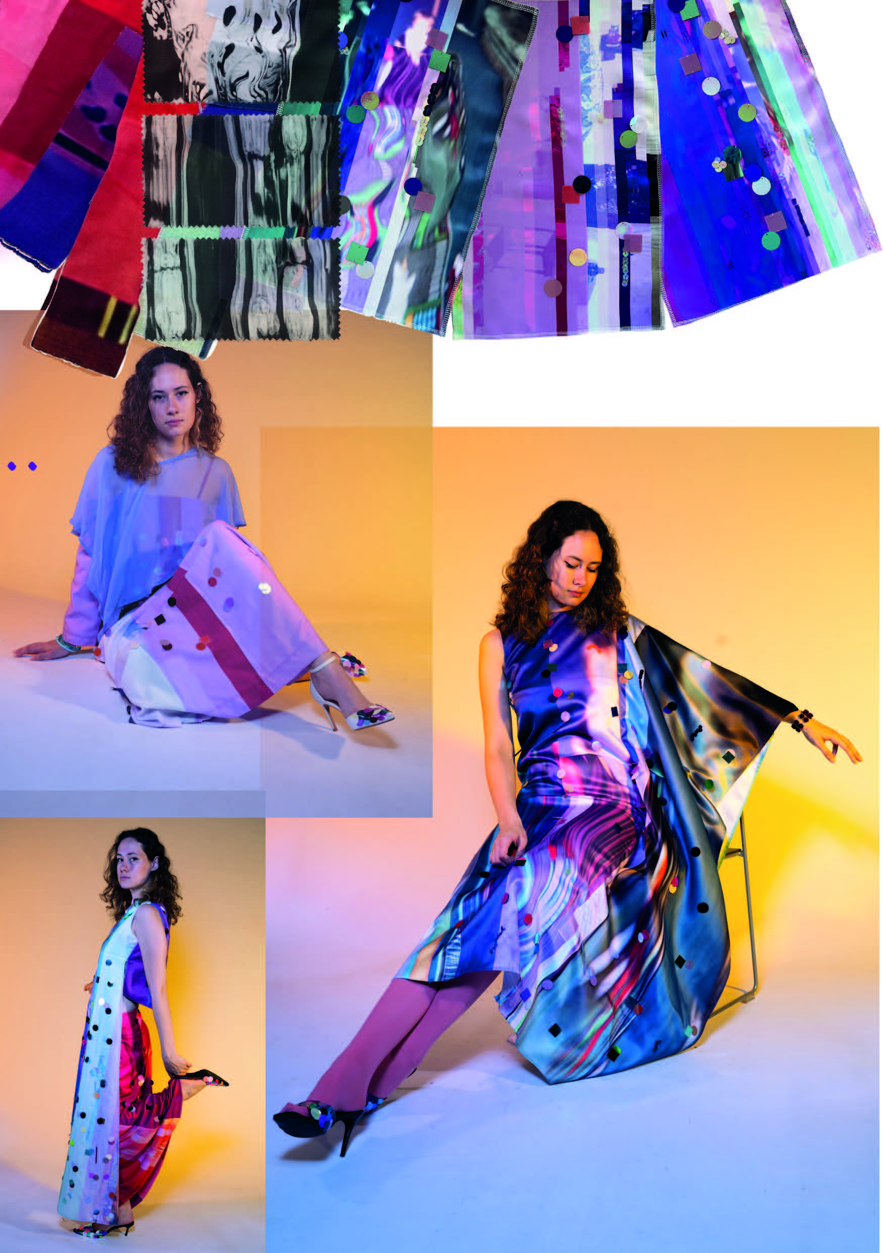 A fashion collage shows a woman modelling a colourful patterned dress in three poses, with fabric swatches arranged across the top against a studio background.