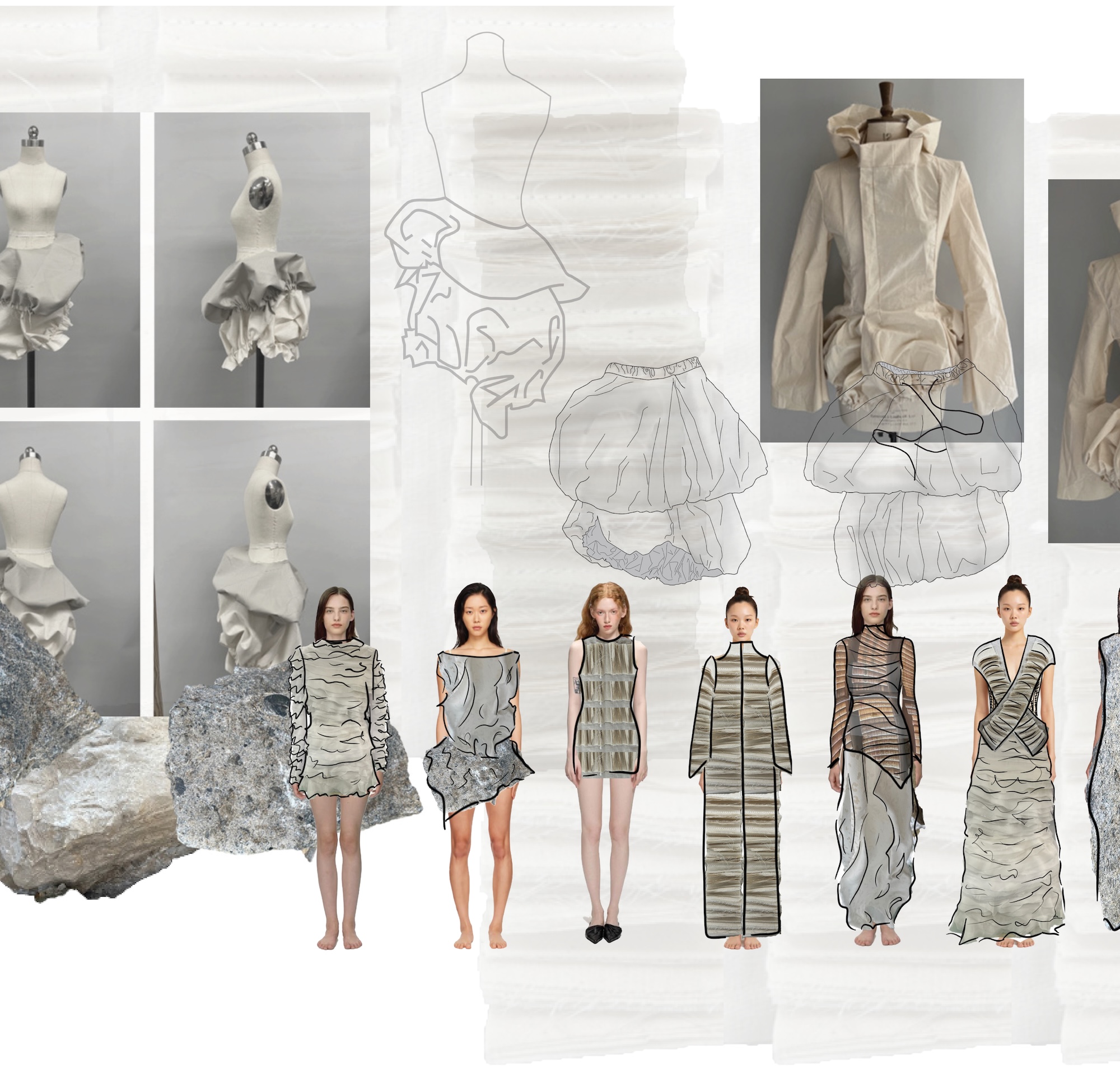 A fashion design mood board shows sketch outlines, garment photos on mannequins, and several models wearing matching pastel outfits against a white background.