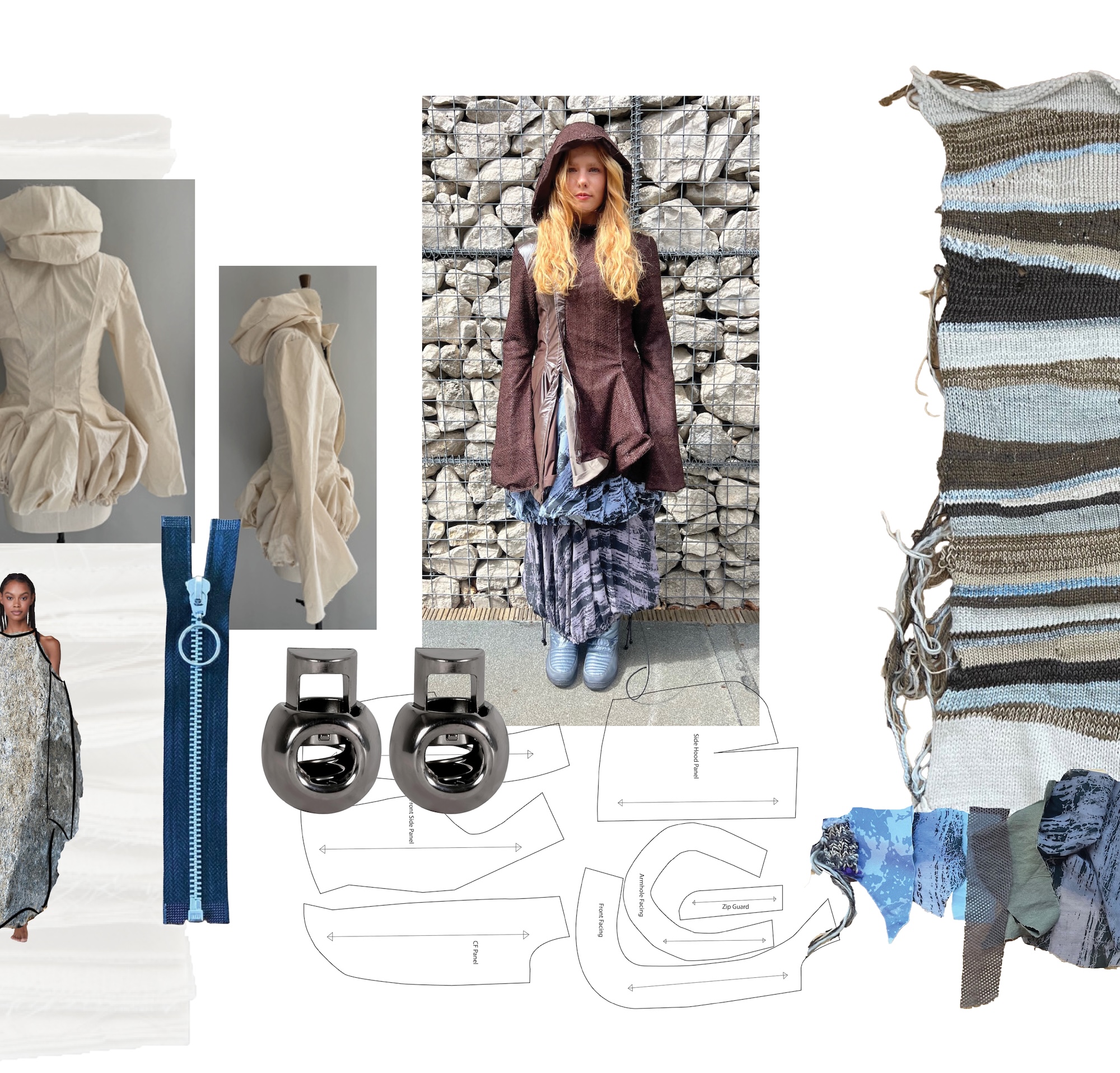 A fashion mood board with a model in layered clothing, a blue zip, silver earrings and garment pattern pieces, arranged alongside fabric swatches and coat sketches.