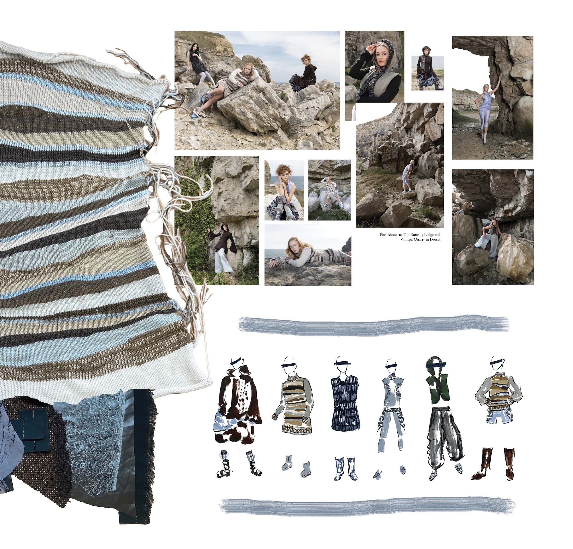 A fashion mood board shows striped textiles, outdoor climbing photos and hand-drawn outfit sketches on a white background.