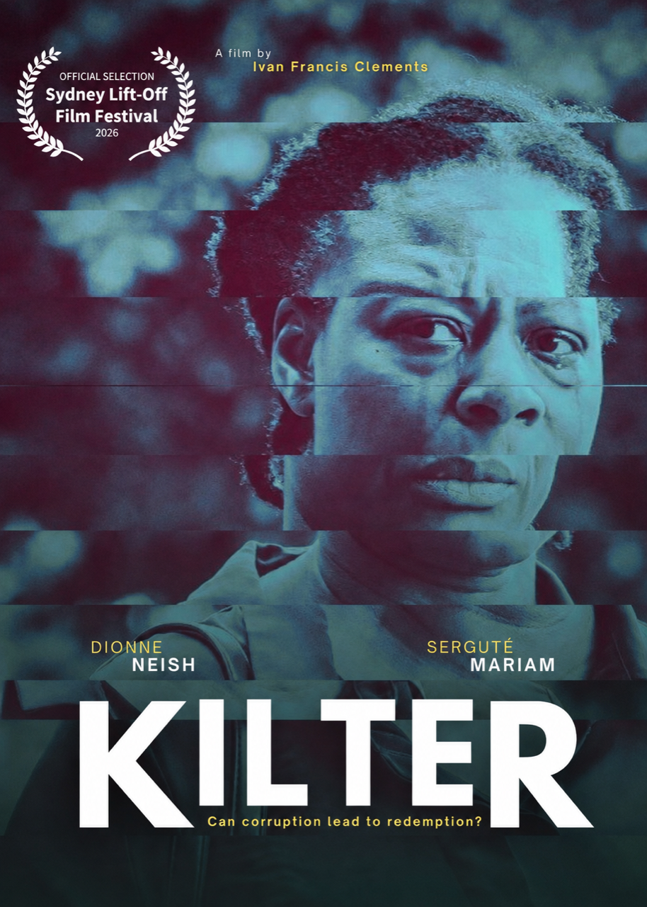 Film poster showing a distorted, blue image of a woman with a serious expression. The film's title "Kilter" appears at the foot of the poster.
