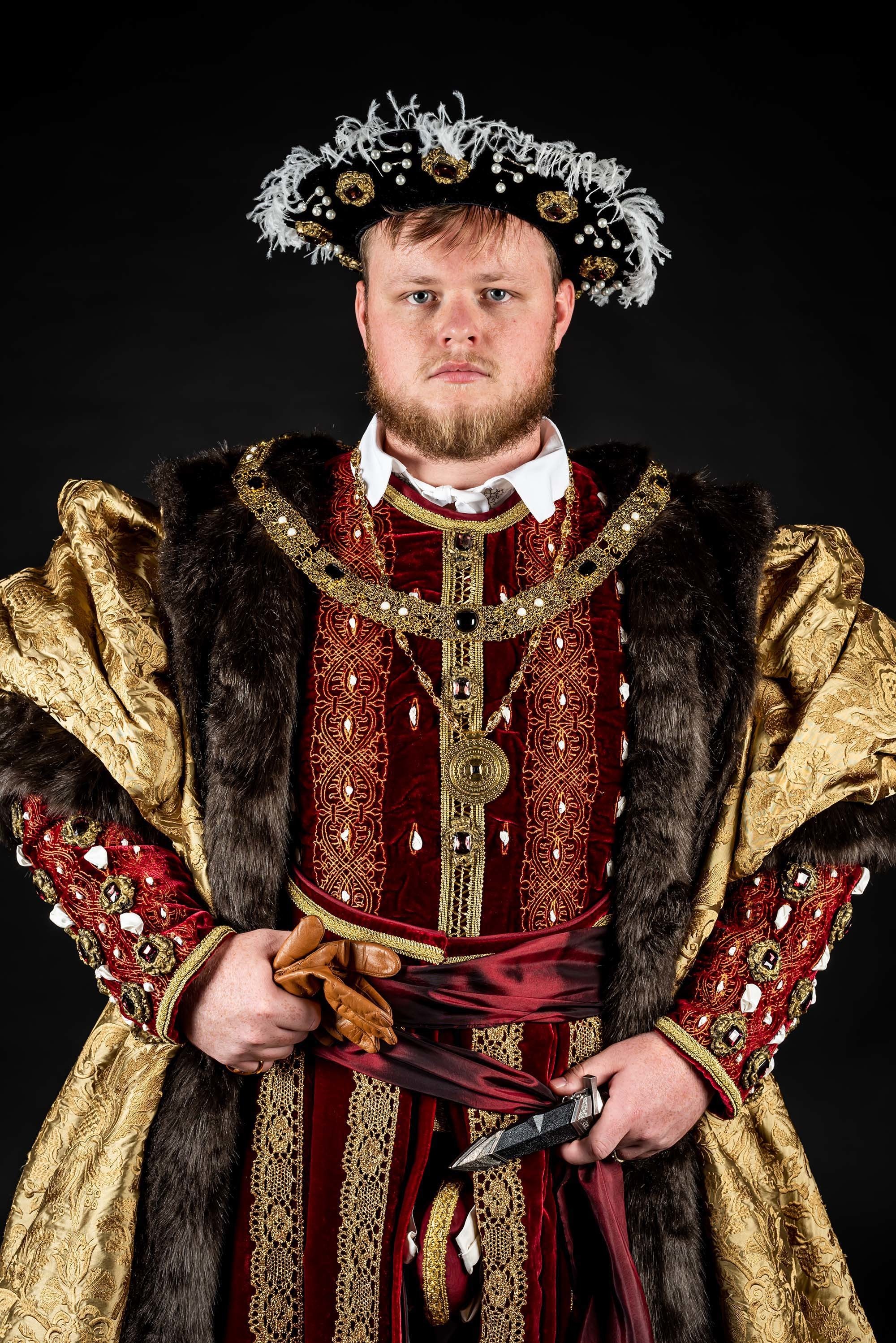Portrait of a model dressed in costume as King Henry VIII.