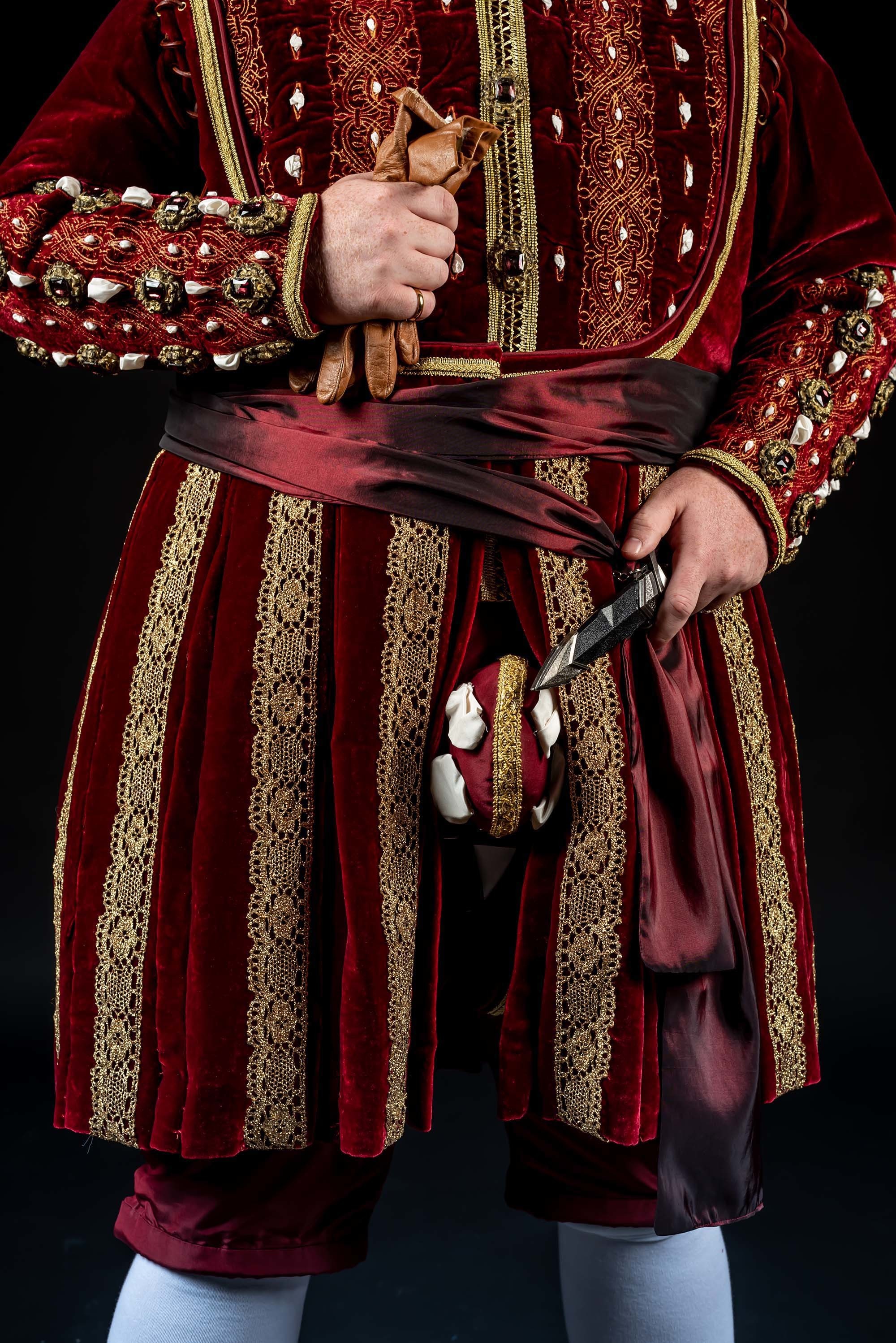 Close-up of a Henry VIII costume showing detail of the tunic and sleeves.