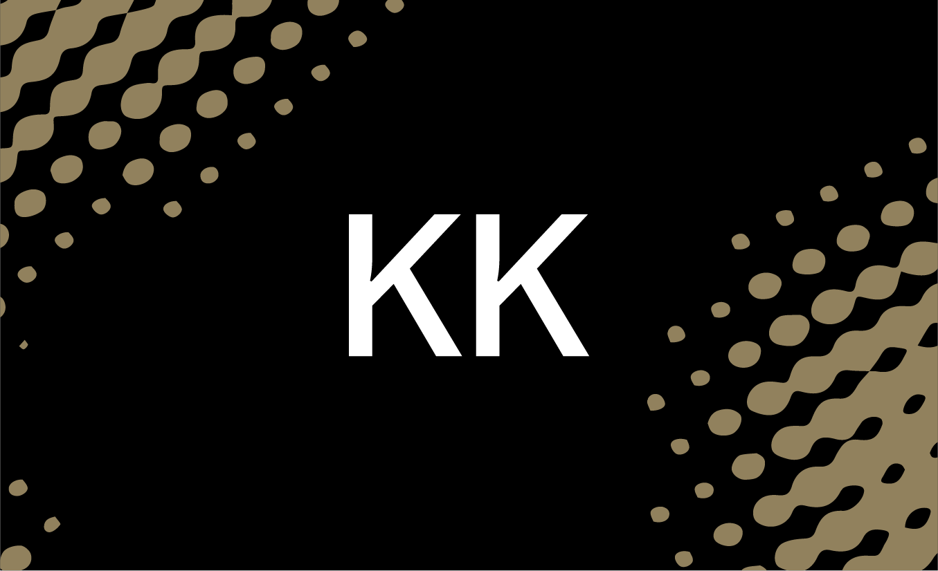 Black and gold banner with the white text "KK" in the centre.