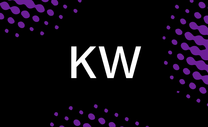 Black and purple banner with the white text "KW" in the centre.