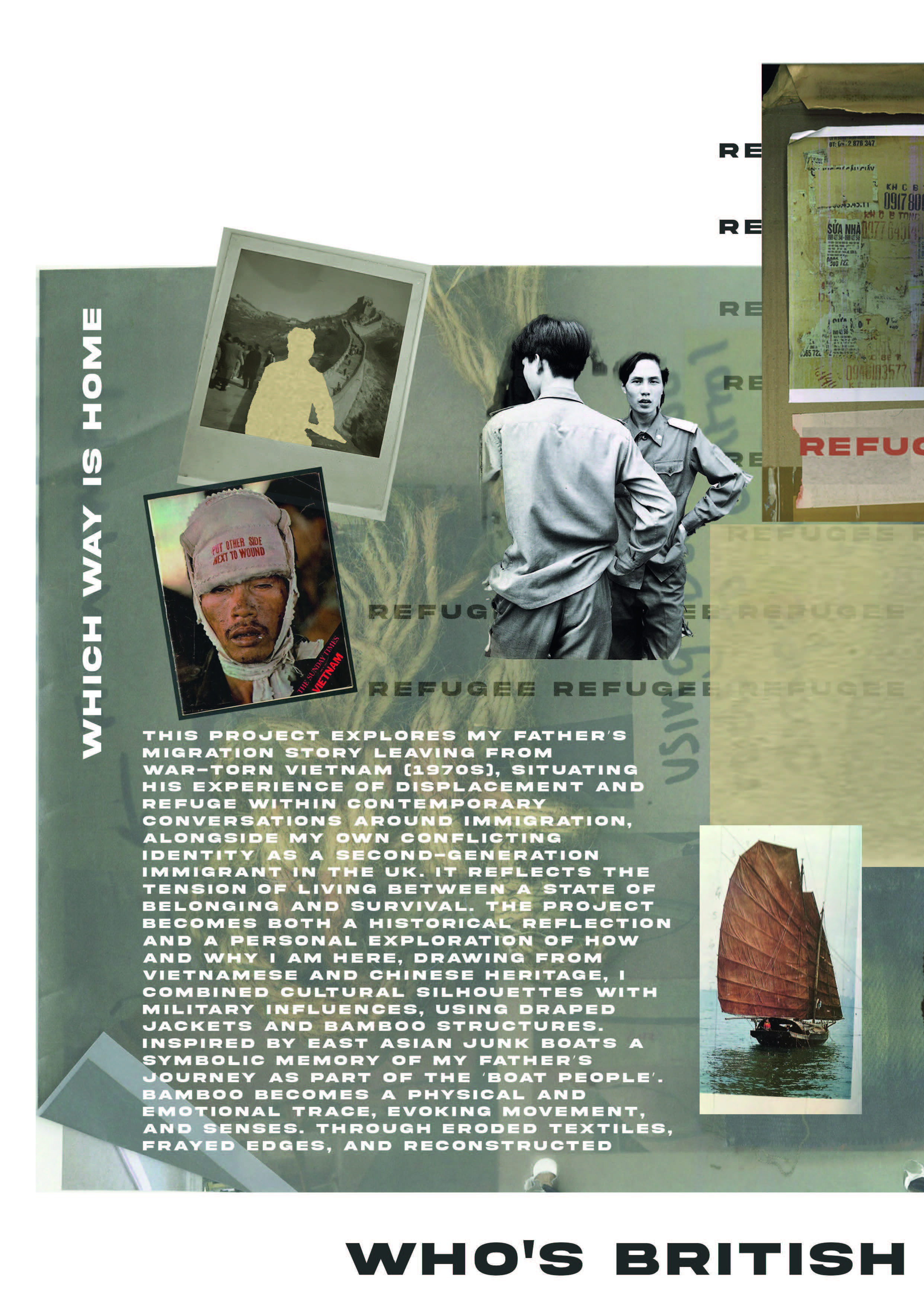 A collage-style poster with archival photos and text about refugee fathers, including a central black-and-white image of two men standing beside captions and a sailboat picture near the bottom.