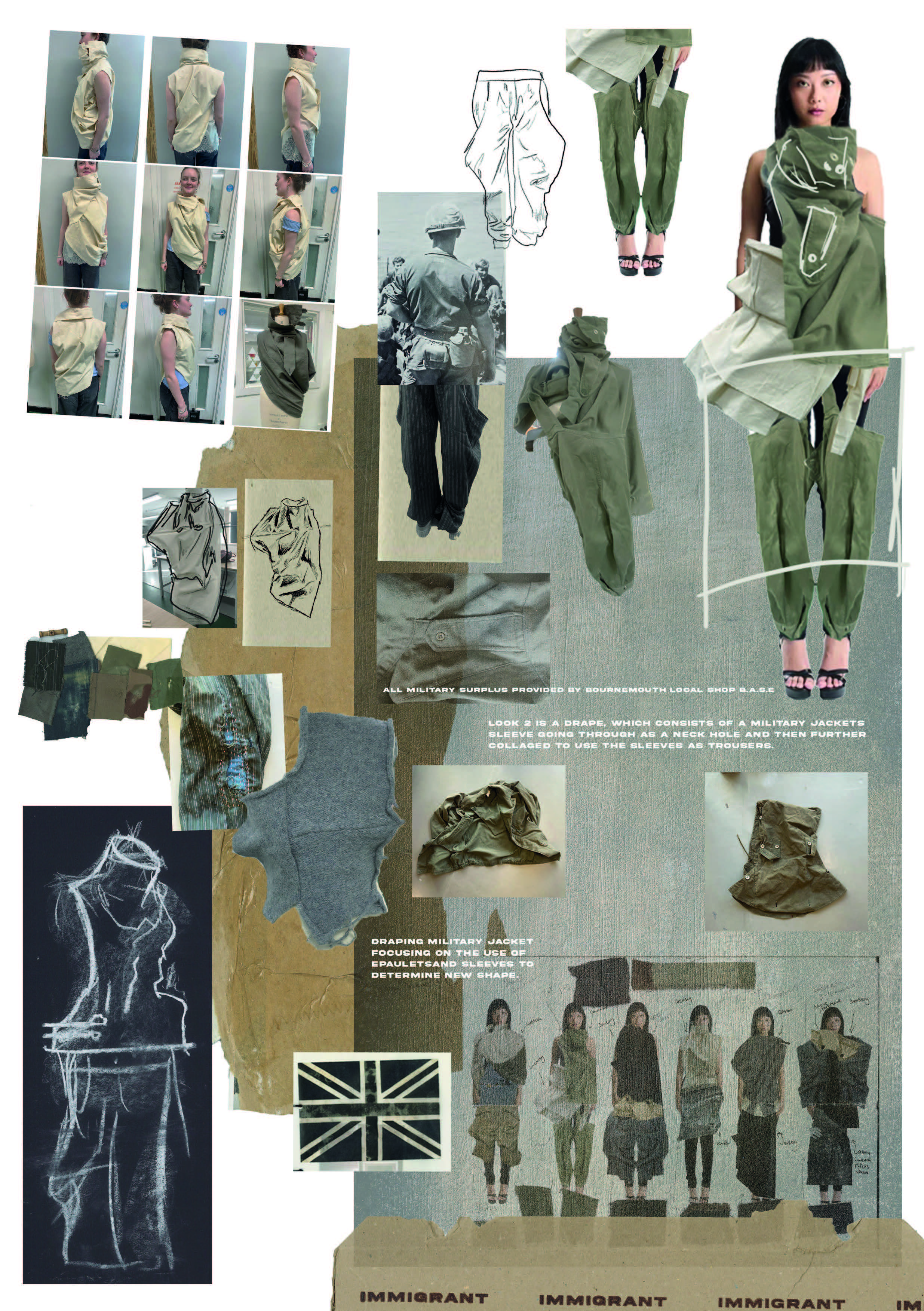 A fashion design mood board with collaged sketches, fabric swatches and outfit photos, including a woman in a green hooded tracksuit, set on a grey and beige background.