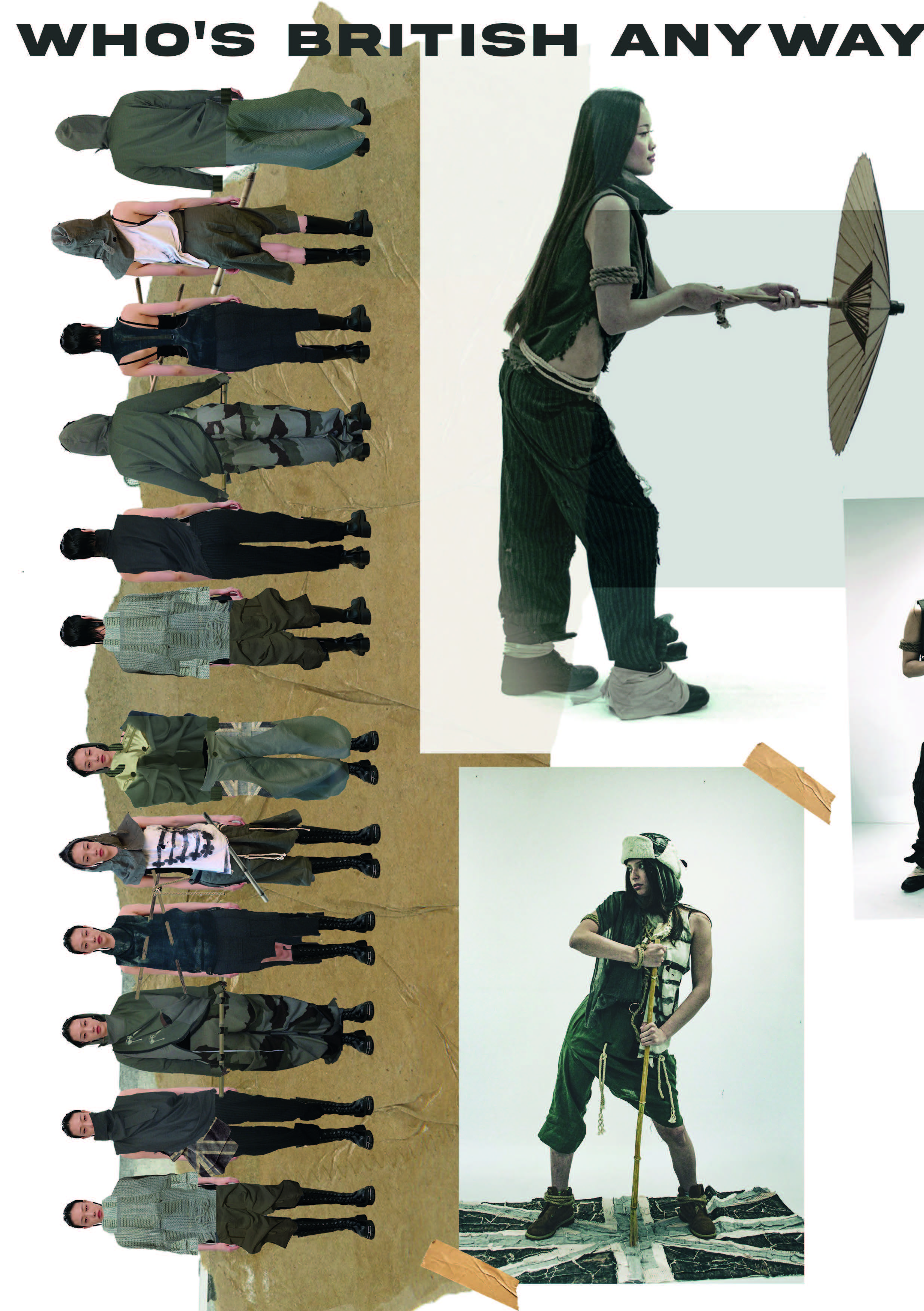A collage of several full-body fashion and street-style outfit photos, including a woman holding a parasol in side profile, with the text 'WHO'S BRITISH ANYWAY' across the top.
