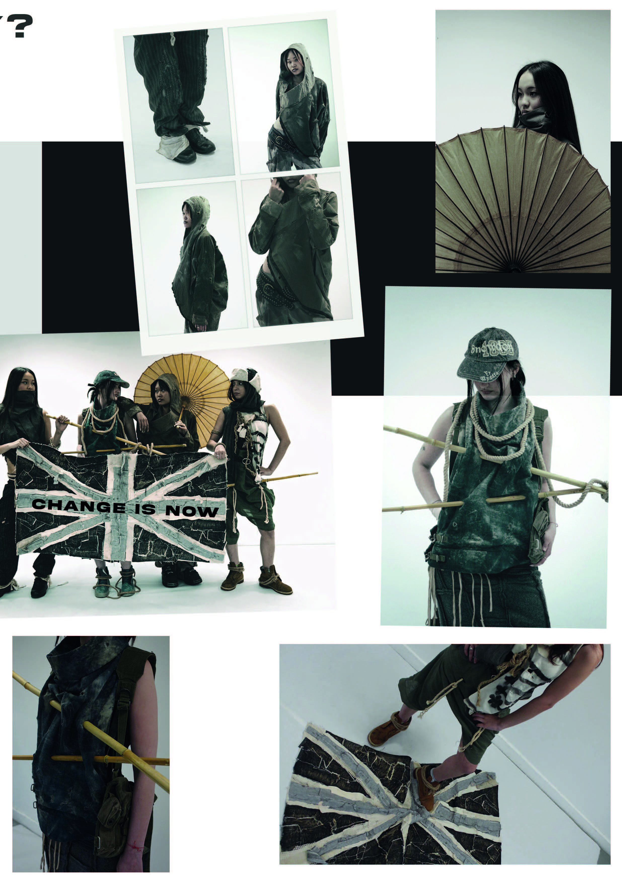 A collage of fashion model photos shows people in dark, layered outfits with ropes and umbrellas against white studio backgrounds.