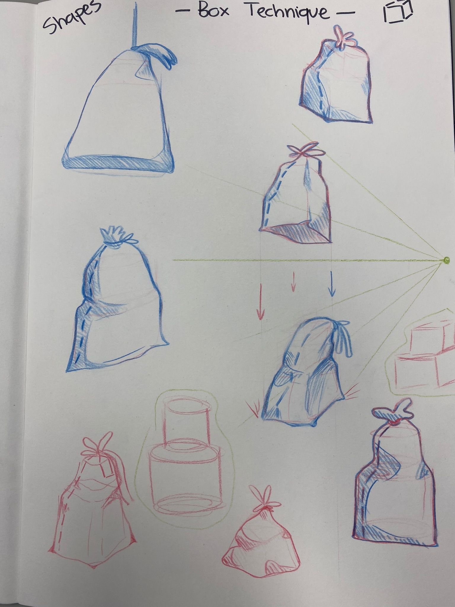 Pencil drawings of a sack of flour, with lines and arrows in places to indicate motion for animation.