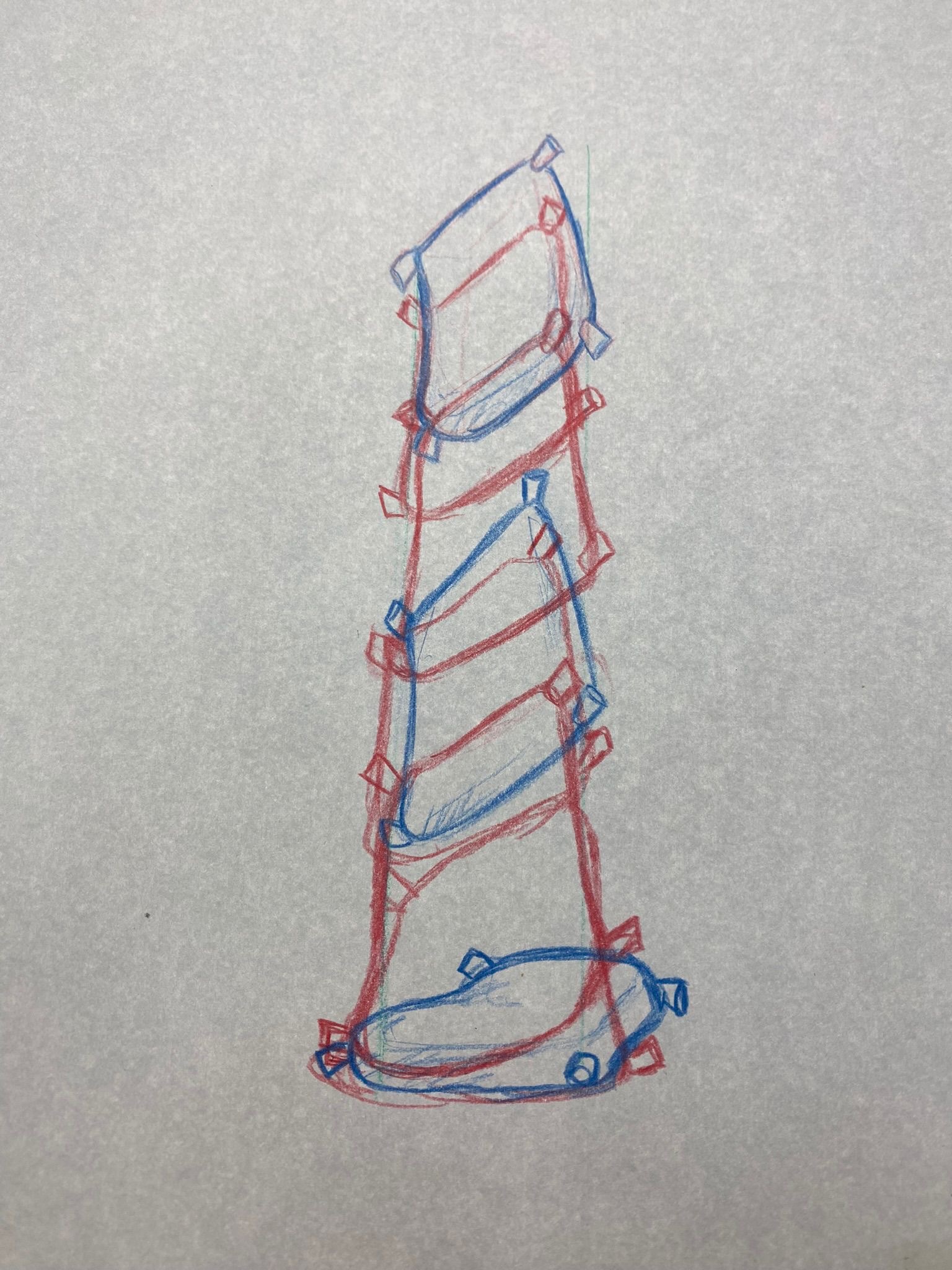Blue and red pencil sketches of a sack of flour for reference for animation, showing the sack of flour falling from a height.