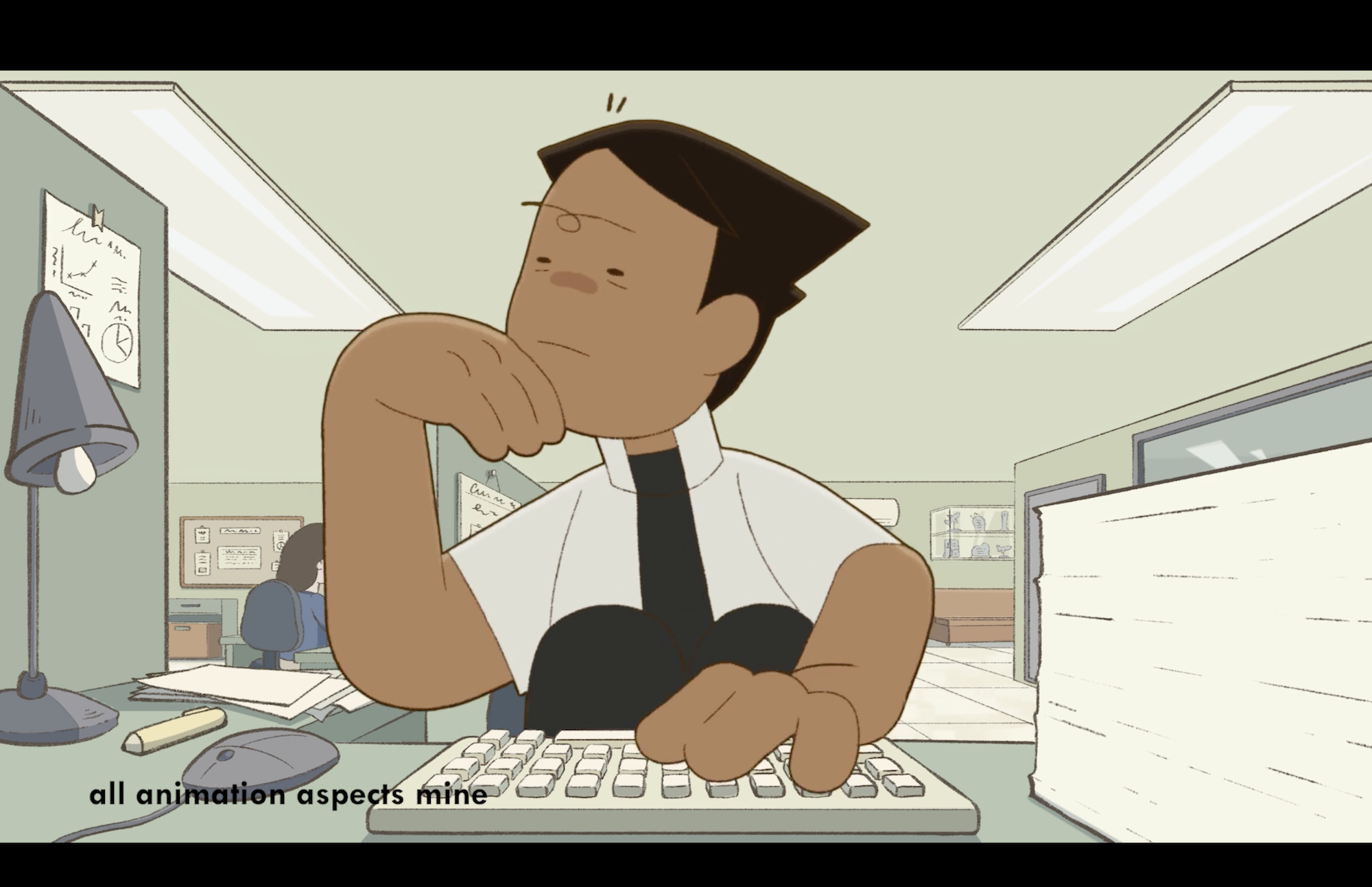 Video still from animation with man sat at office desk, typing and thinking.