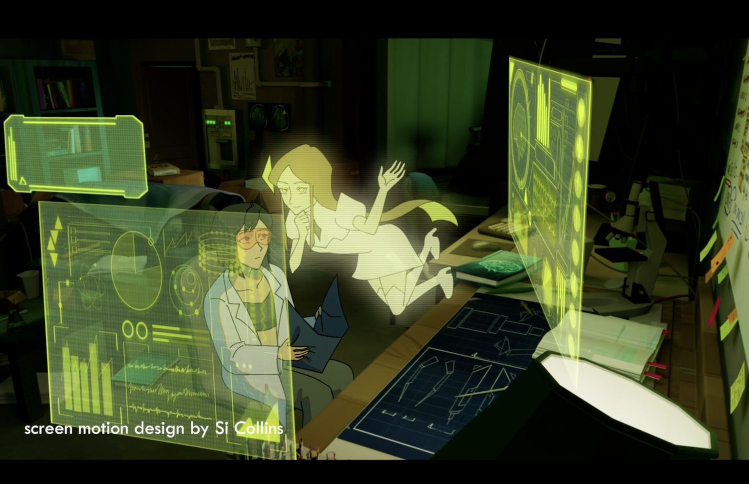 Video still from animation, sci-fi scene with floating, luminous figure by a scientist with green futuristic displays, dark room.
