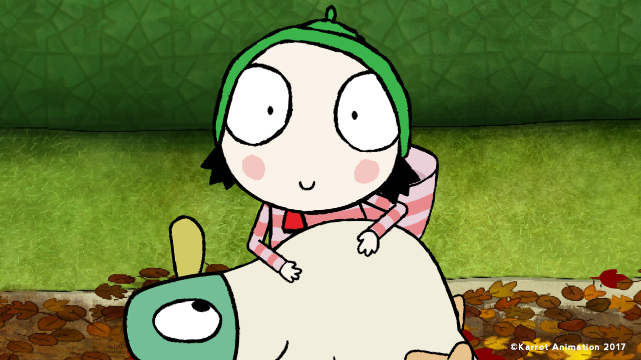 Illustration of a young girl with big eyes leaning on a duck on its back