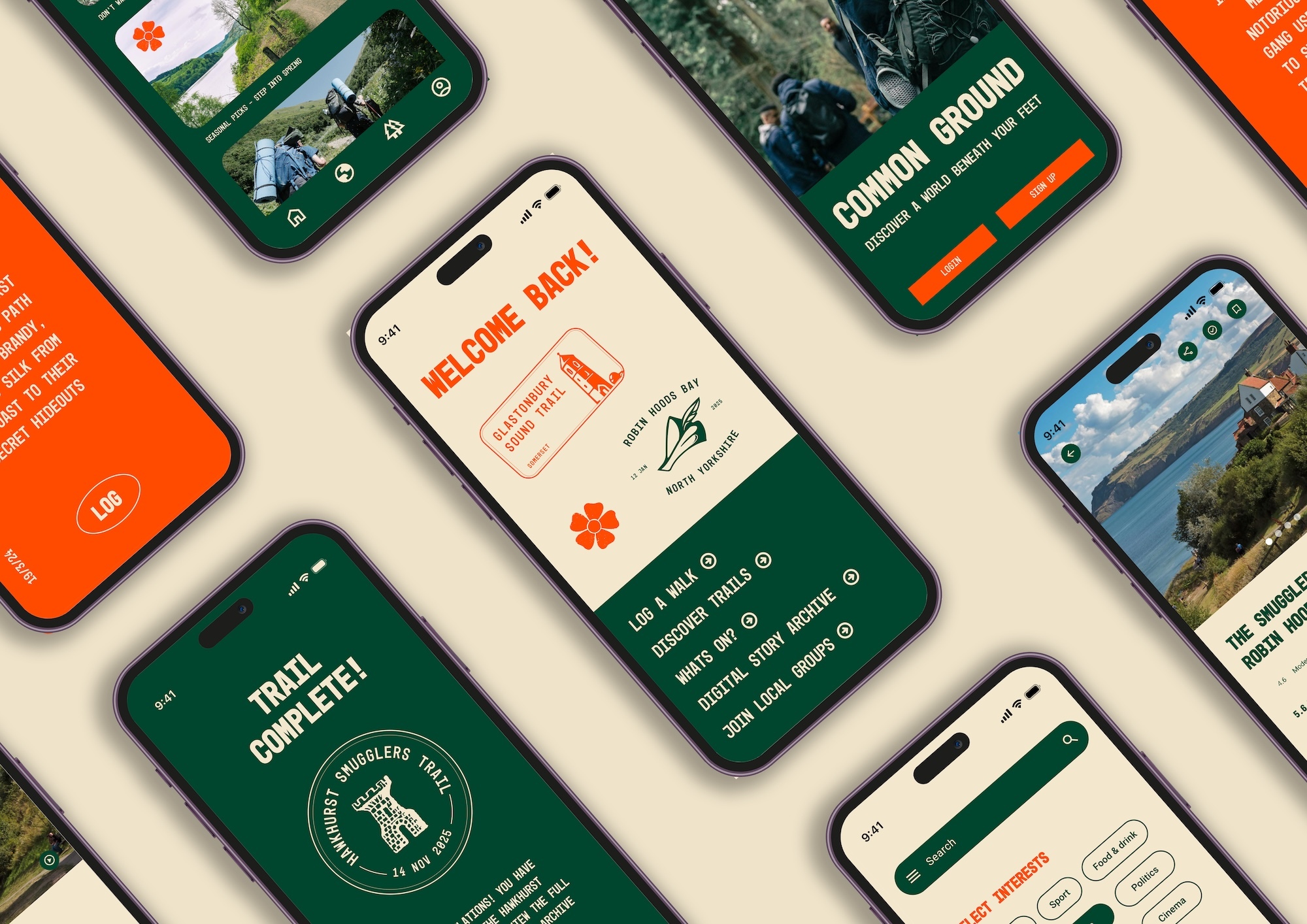 Multiple smartphones displaying green and orange mobile app interfaces arranged diagonally on cream background.