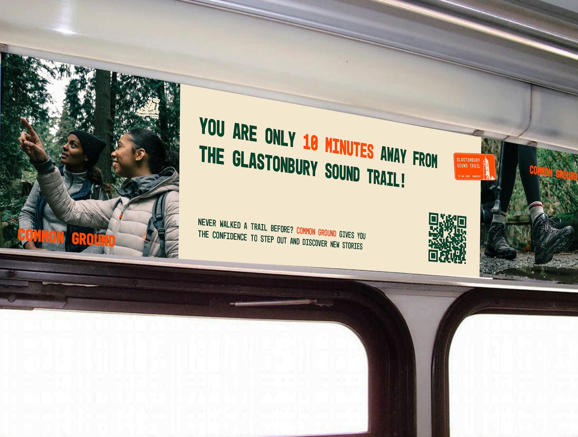 Train carriage advertisement showing person with backpack, text "YOU ARE ONLY 19 MINUTES AWAY FROM THE GLASTONBURY SOUND TRAIL" and QR code.