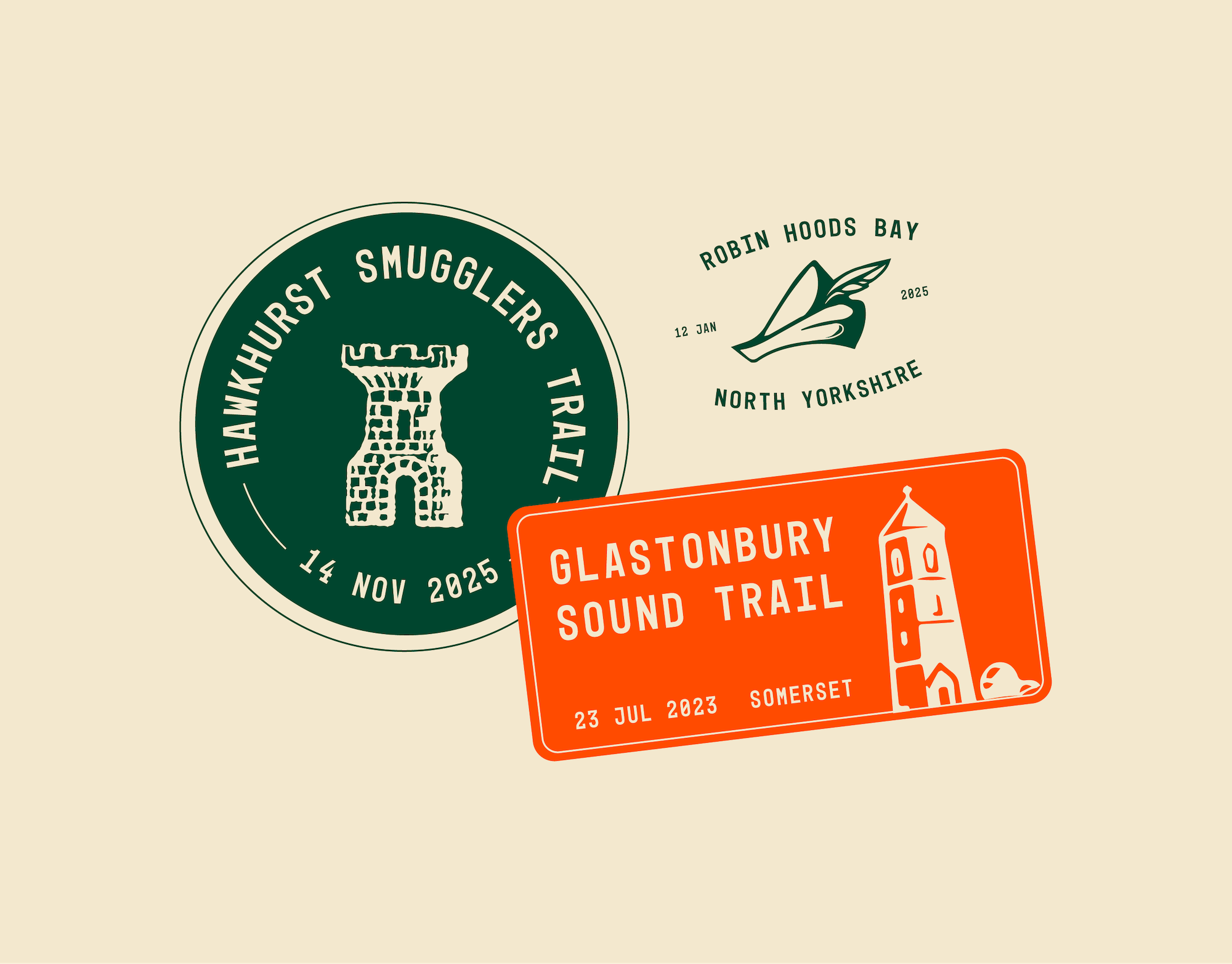 Three walking trail badges on cream background: green circular Hawkhurst Smugglers Trail badge, small Robin Hoods Bay design, and orange rectangular Glastonbury Sound Trail badge with tower illustration.