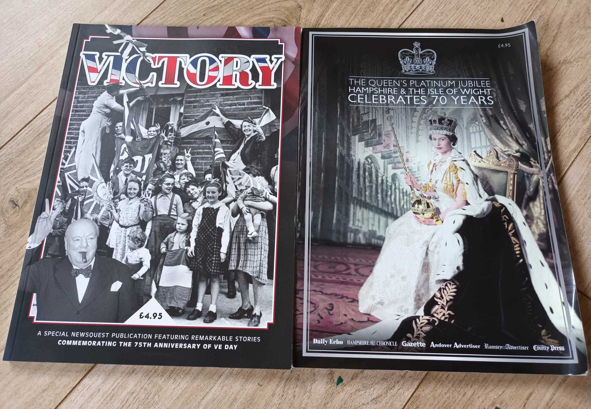 Two magazine covers; one has black and white images of VE Day and Winston Churchill in the corner, with the word Victory across the top; the right-hand magazine shows an official portrait of Queen Elizabeth II.