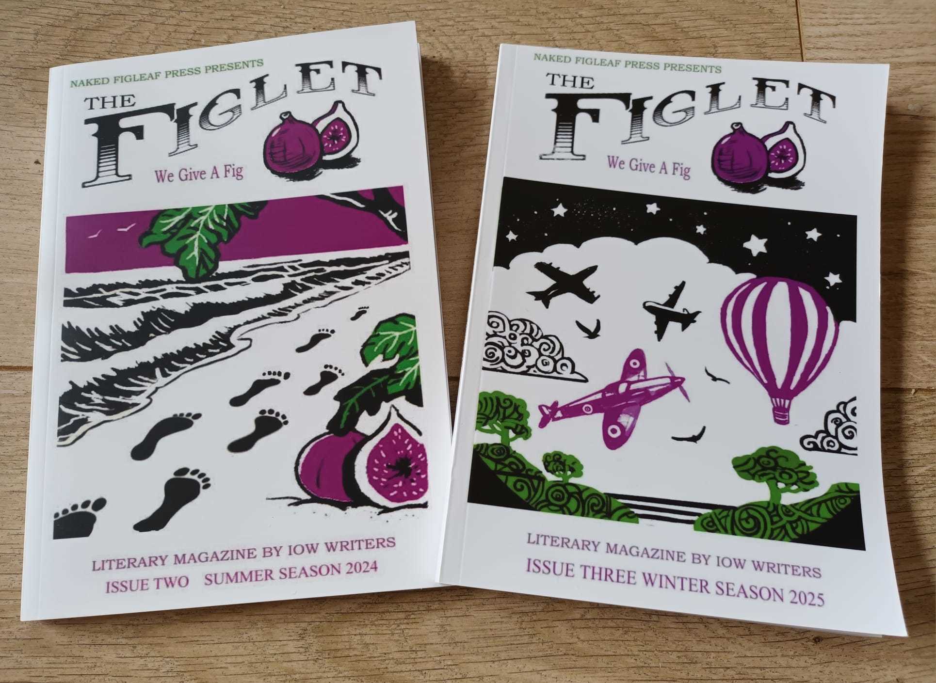 Two copies of issues of The Figlet literary magazine. The left-hand copy had a black, white and purple illustration of footprints on a beach with a pair of figs in the corner. The right-hand copy has an illustration of planes and a hot air balloon in a starry sky.