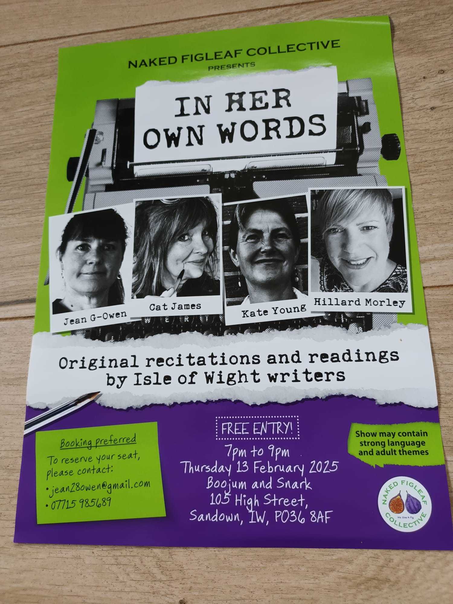 Green and purple flyer for "In Her Own Words" open mic events, showing four headshots of the speakers and blocks of text underneath.