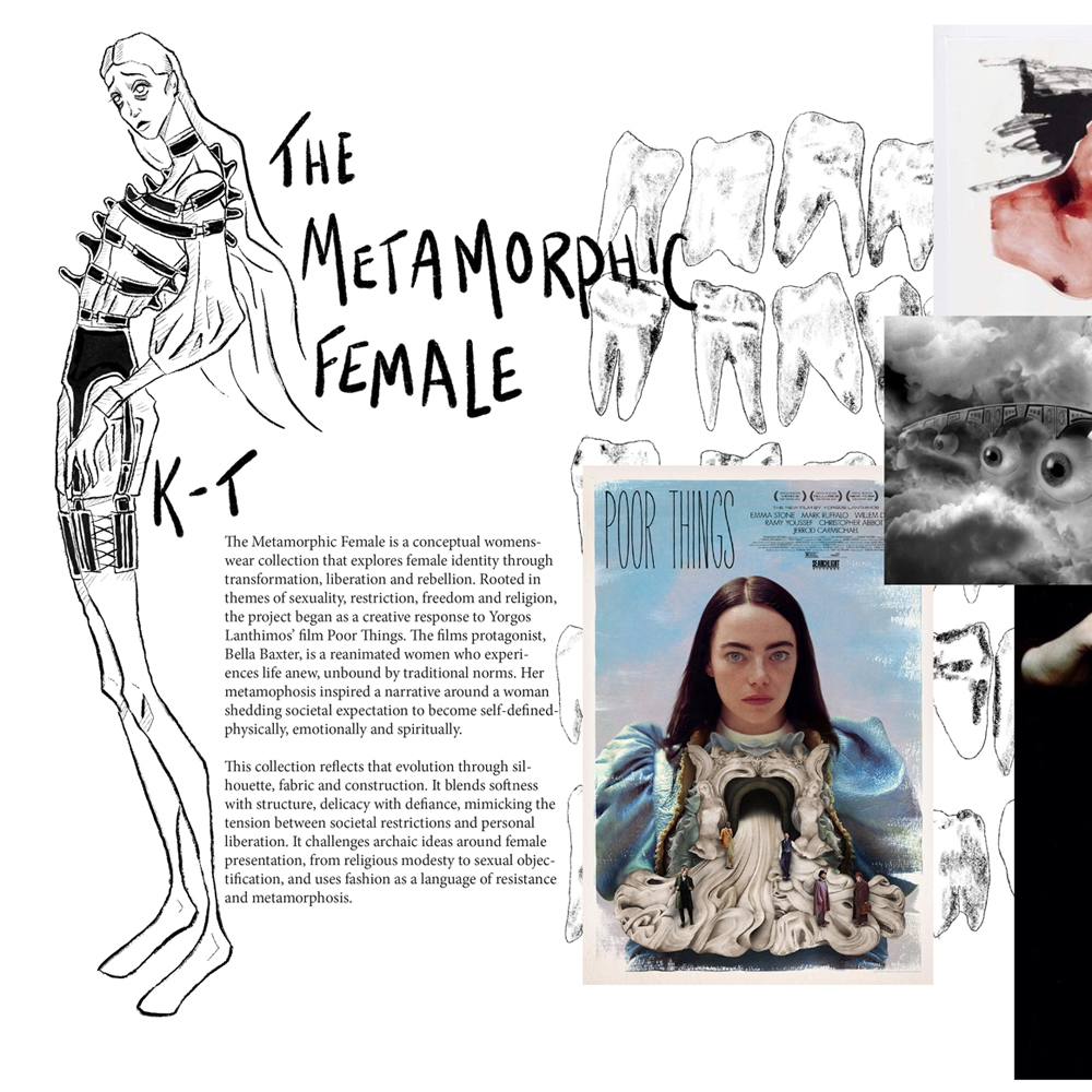 Collage featuring black ink drawing of woman in striped top, white tooth illustrations, blue magazine clipping, and grey photograph fragments.