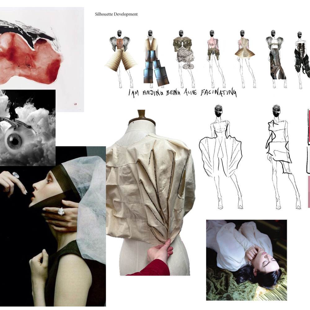 Fashion design mood board featuring red watercolour, black-and-white photographs, beige garment on mannequin, and line drawings of figures.
