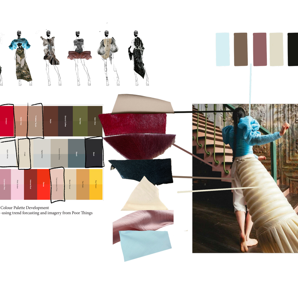Fashion design mood board with figure sketches, colour swatches in burgundy, green, yellow tones, and model in blue top with cream skirt.