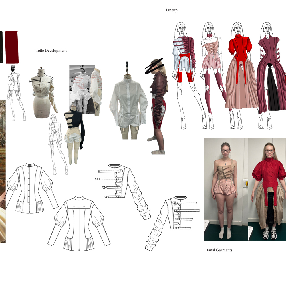 Fashion design development board showing sketches, technical drawings, fabric swatches, garment prototypes and final looks in red, beige and burgundy tones.