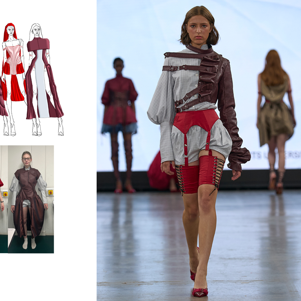 Fashion runway model wearing grey and red geometric outfit with design sketches on left showing red and white garments and brown dress.
