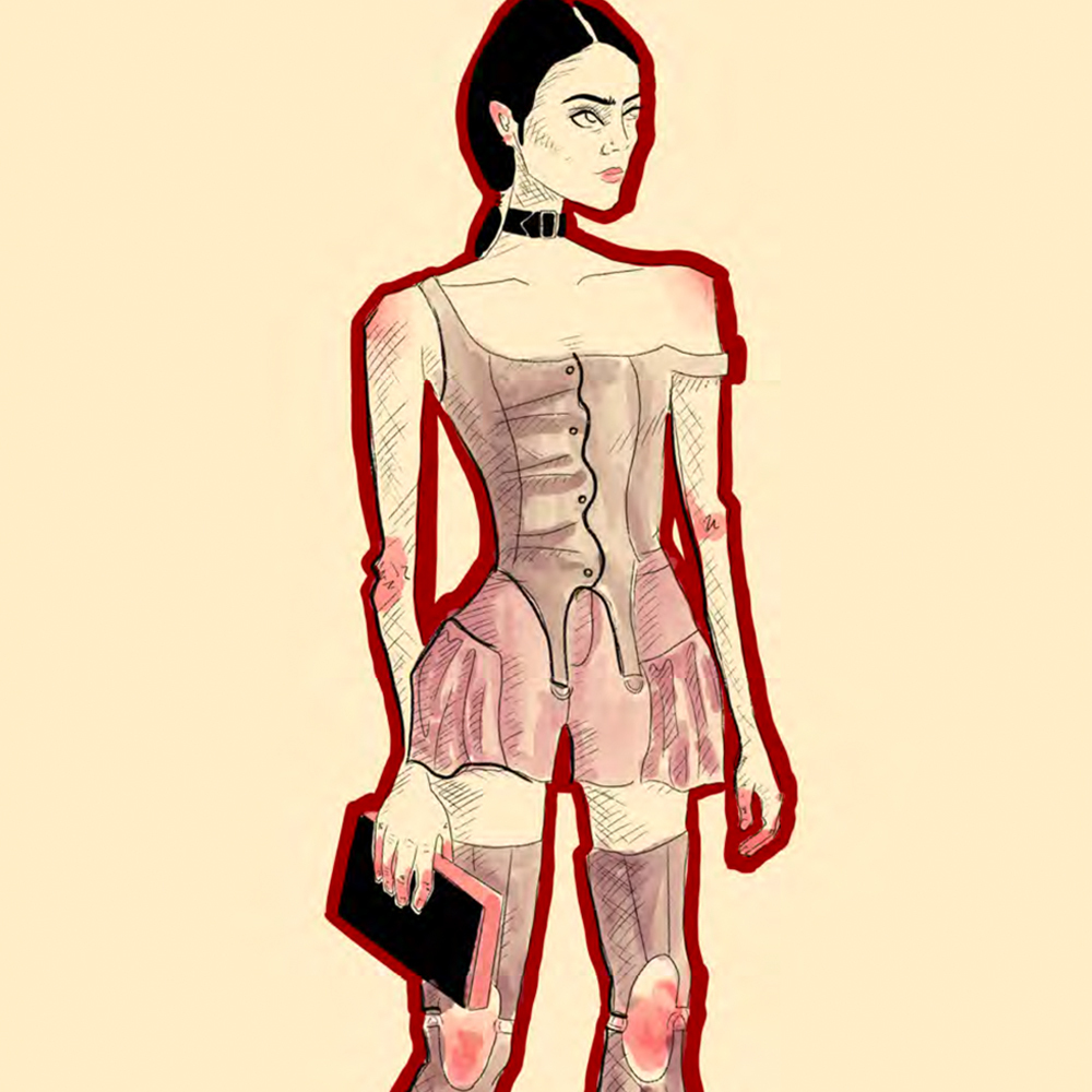Illustration of woman with black hair in pink corset and stockings, outlined in red against cream background.