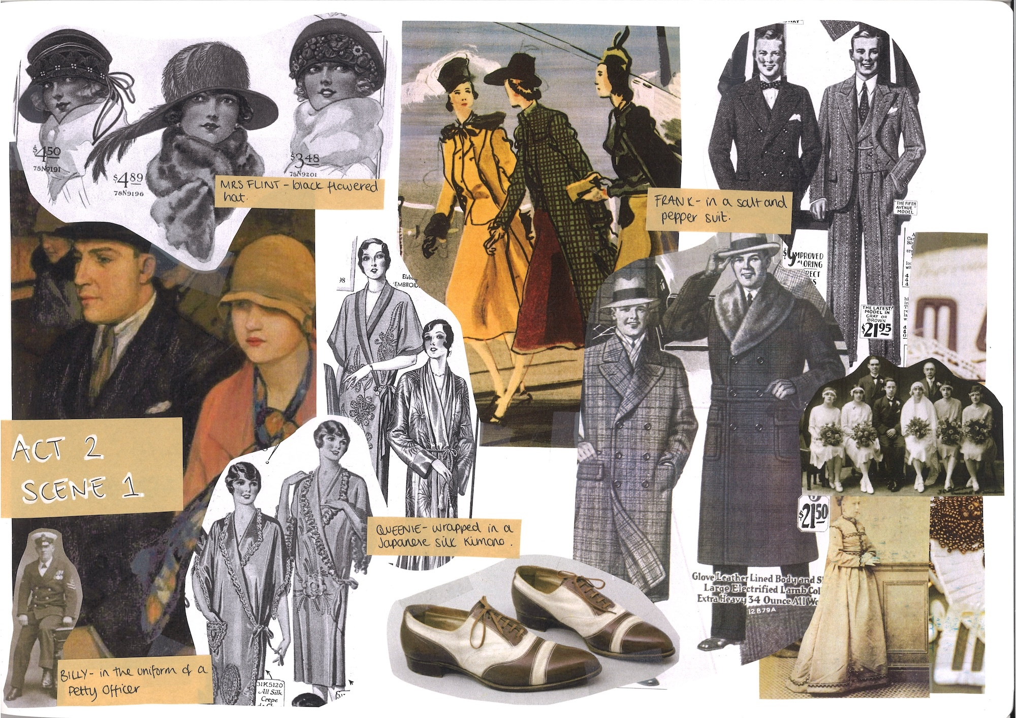 Collage of vintage fashion illustrations and photographs showing 1920s-30s clothing, including men's suits, women's dresses, hats, and shoes in sepia tones.