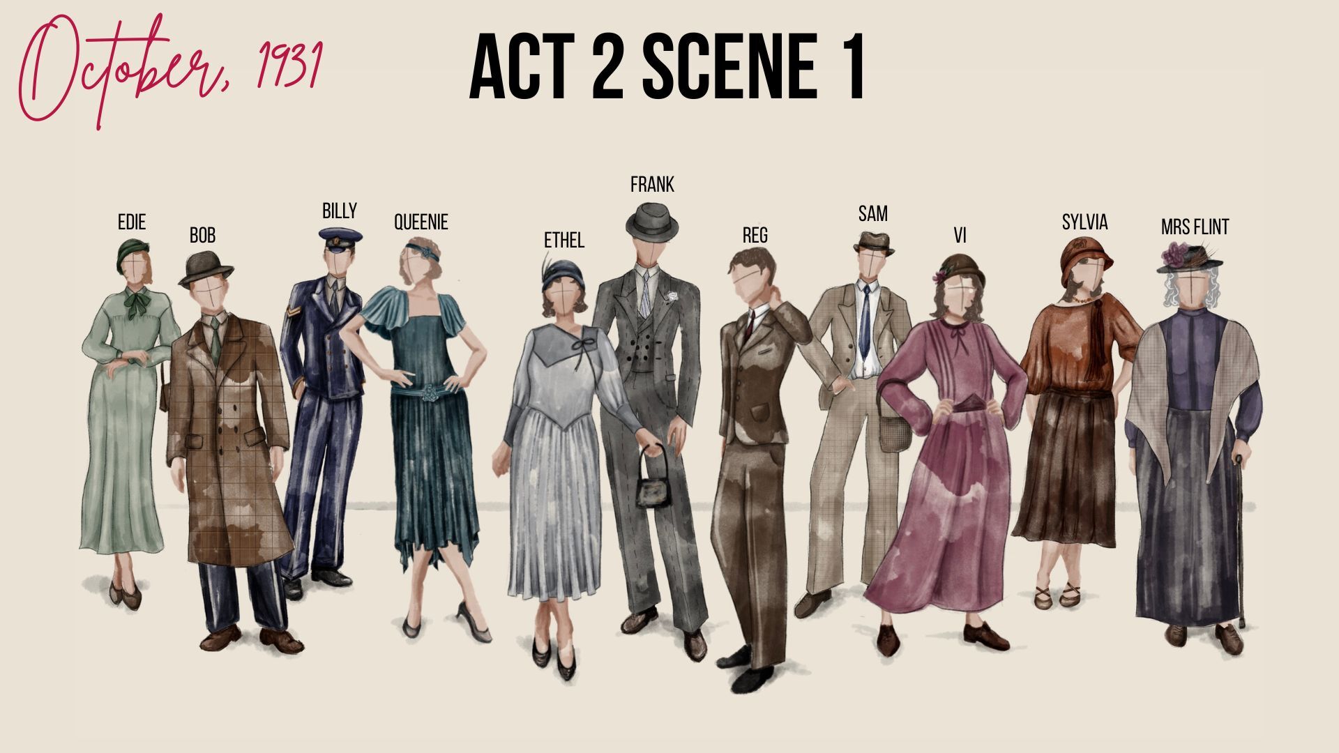 Costume design illustration showing 11 characters in 1930s period clothing, arranged in a line with names above each figure against cream background.