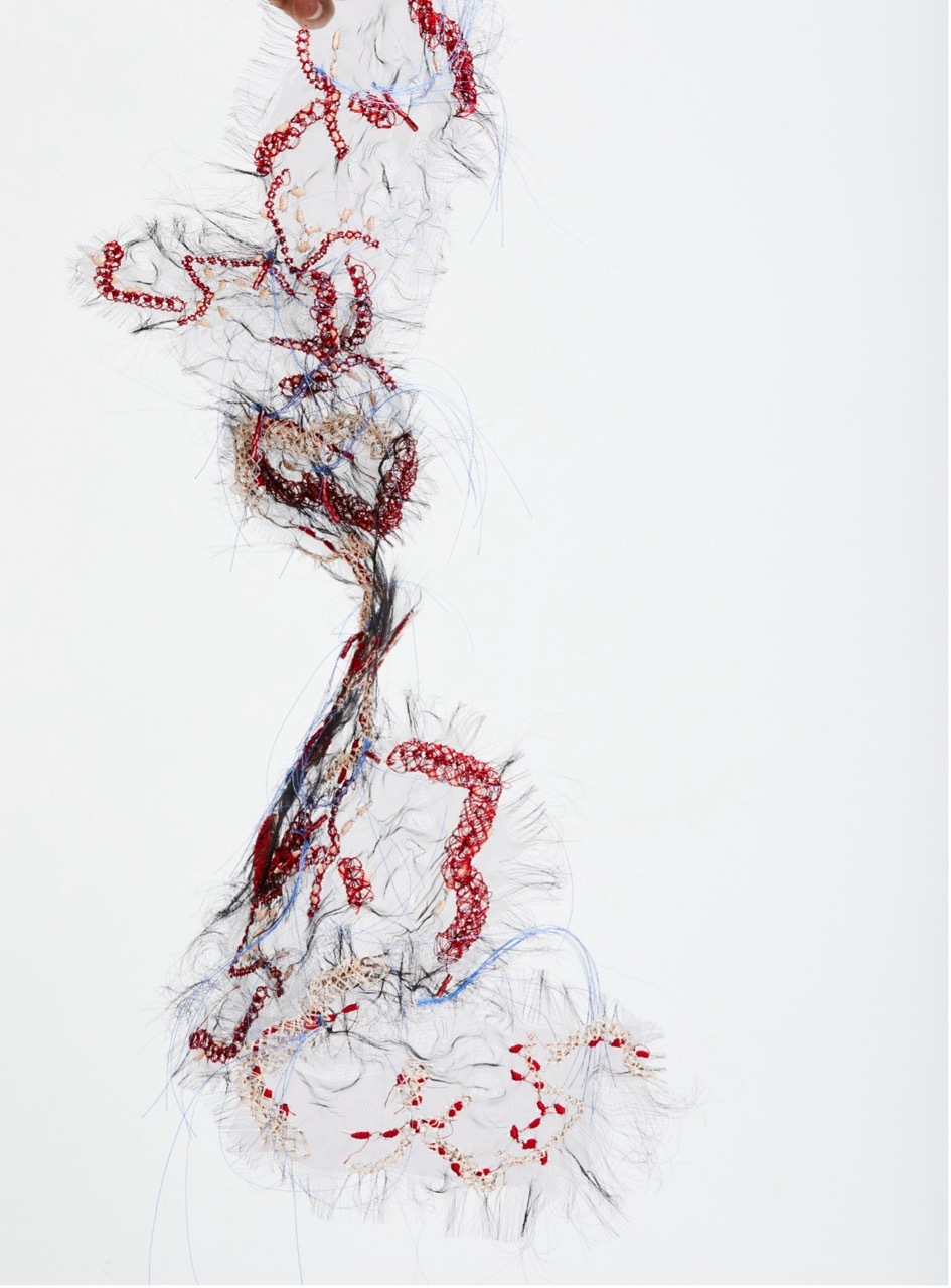 Woven, abstract fabrics on a white background, red and blue.