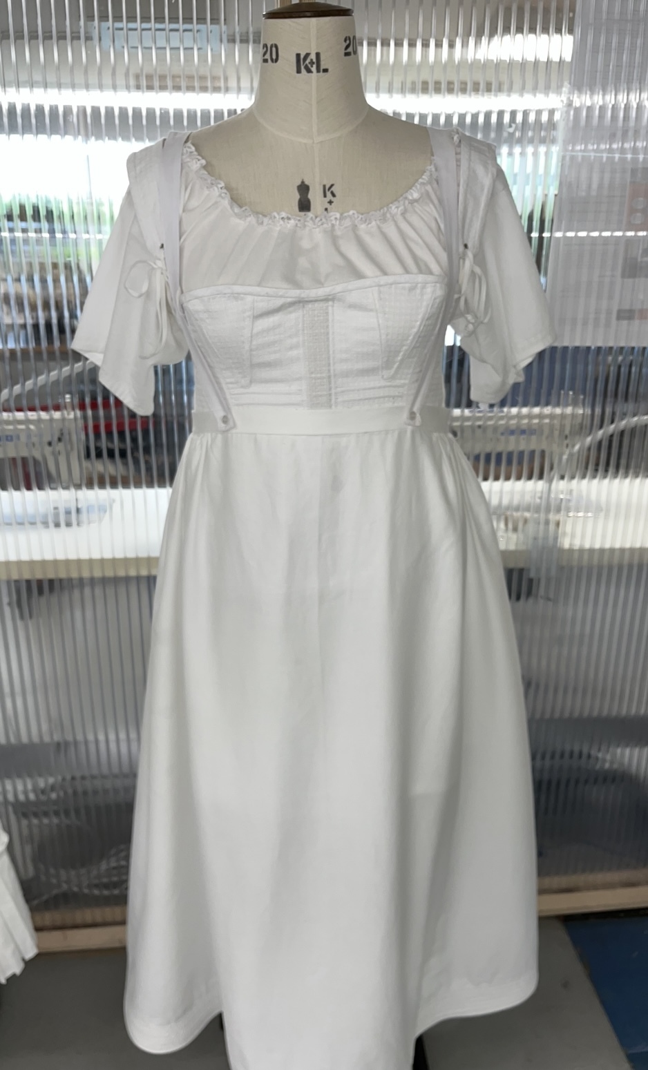 Regency undergarments of a corset, chemise and petticoat that would have been worn under the 1824 regency dress replica.