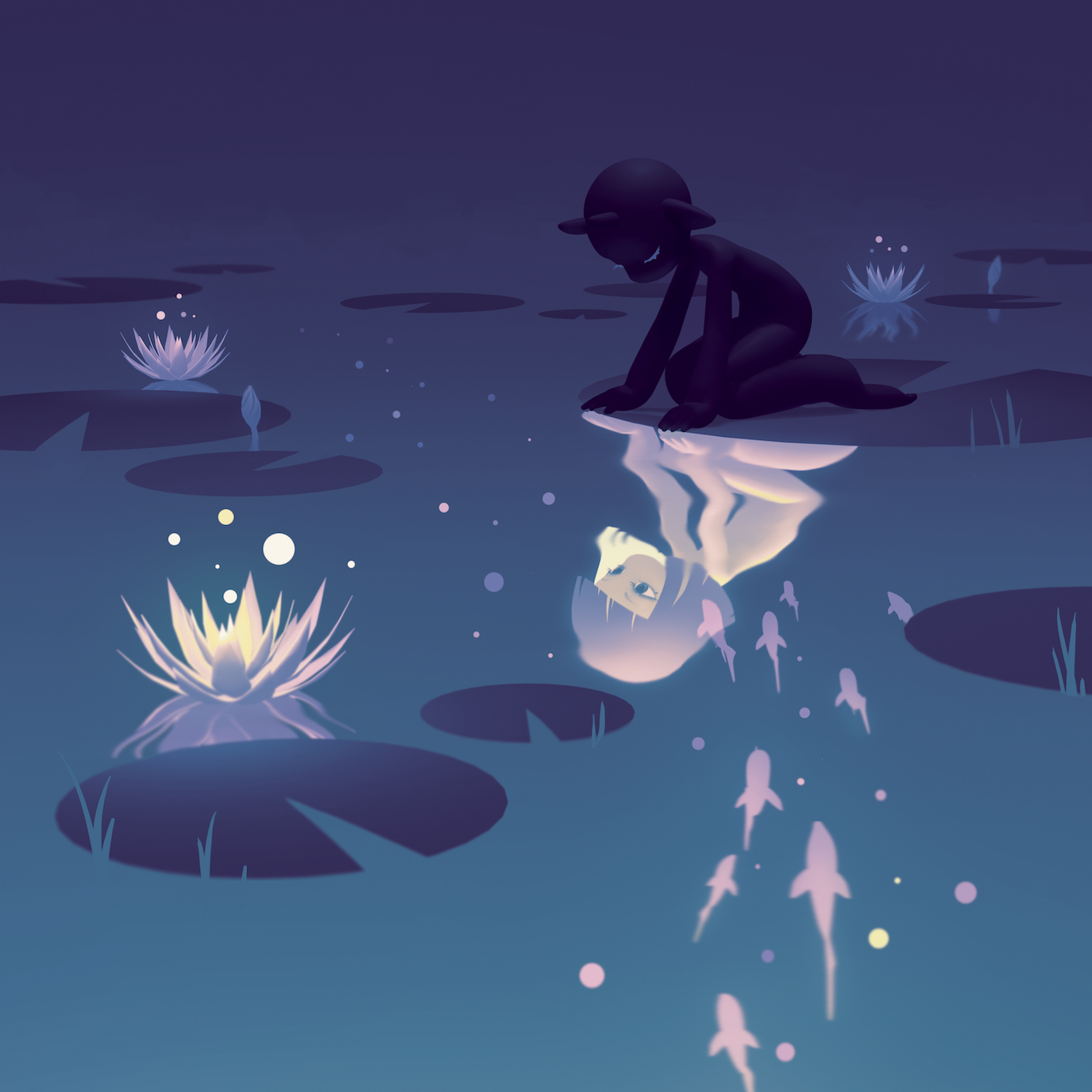 Illustration of a character looking through the water at their illuminated reflection with glowing fish and lily pads, blue and purple gradient.