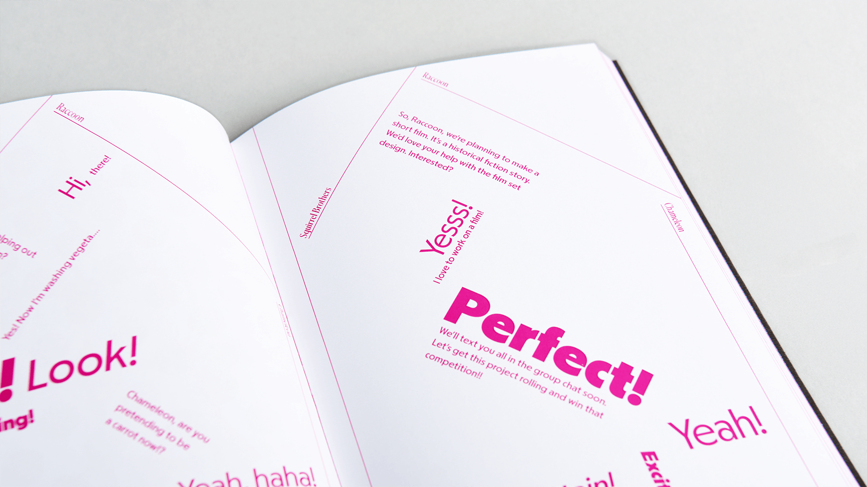 Open magazine showing white pages with pink text, including "Look!" and "Perfect!" with "Yeah!" visible on right page.