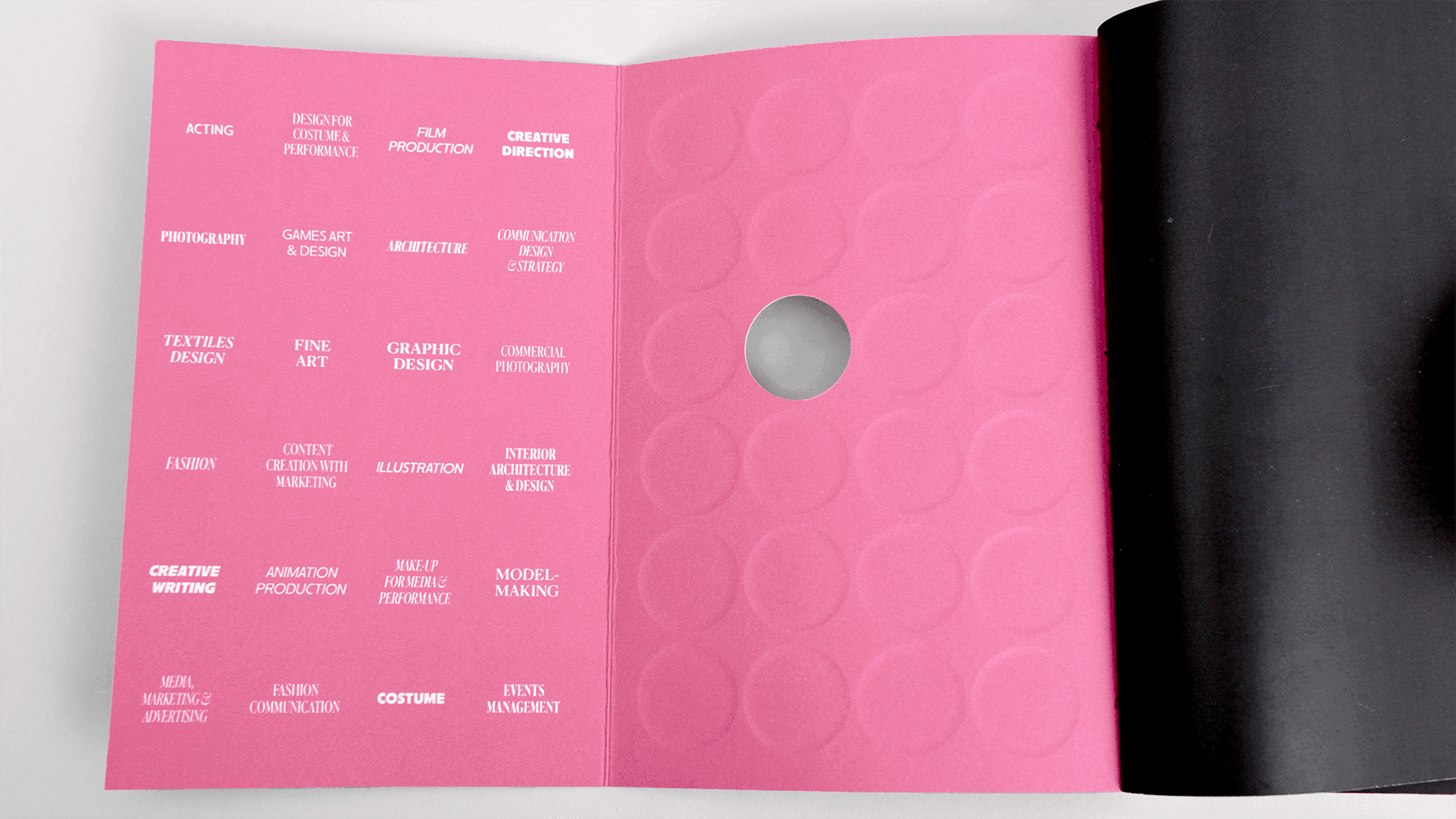 Pink page with white text arranged in grid pattern, featuring circular hole in upper right quadrant.