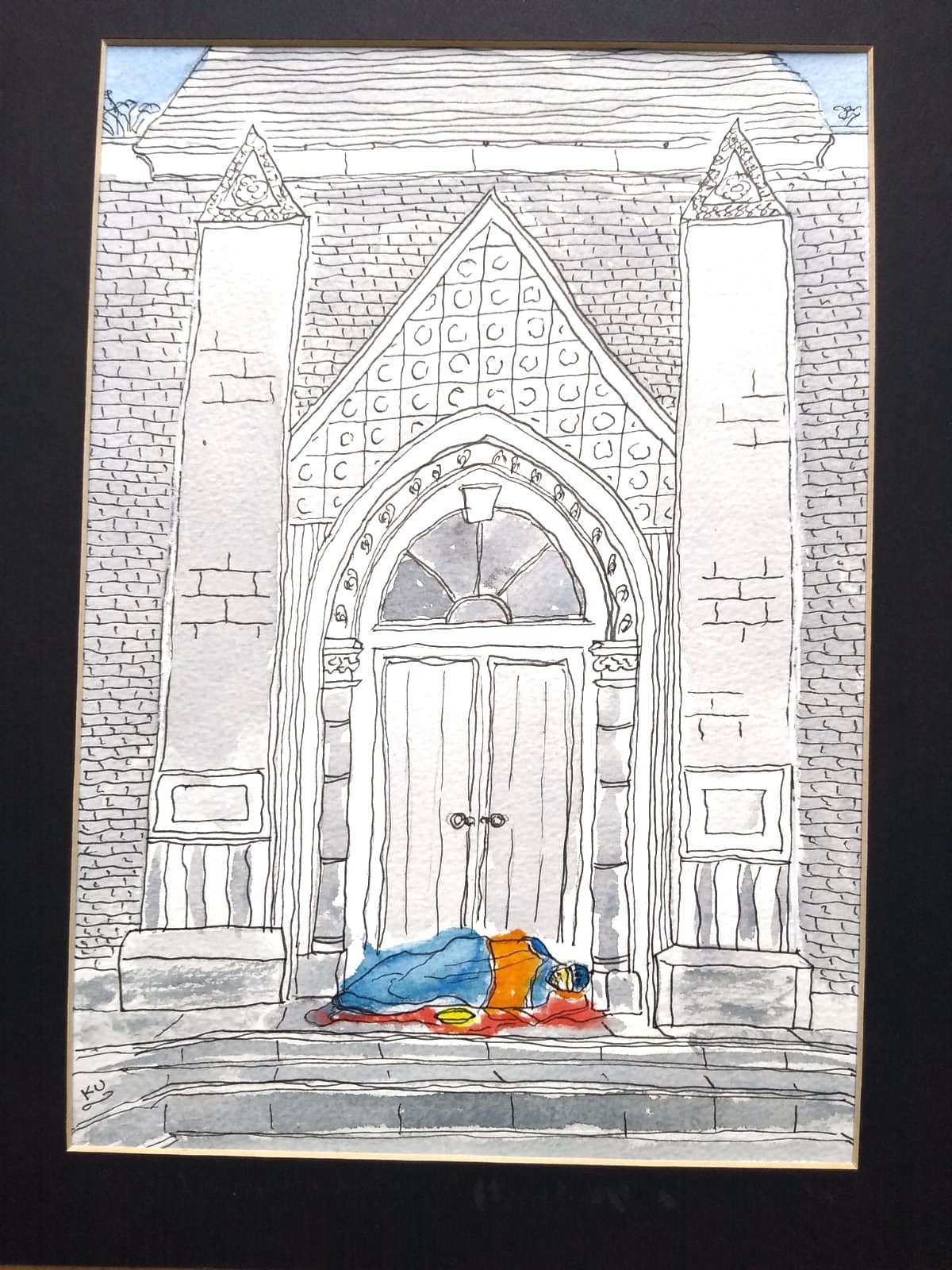 Watercolour of the outside of a house or temple, with a person lying bleeding outside the front doors.