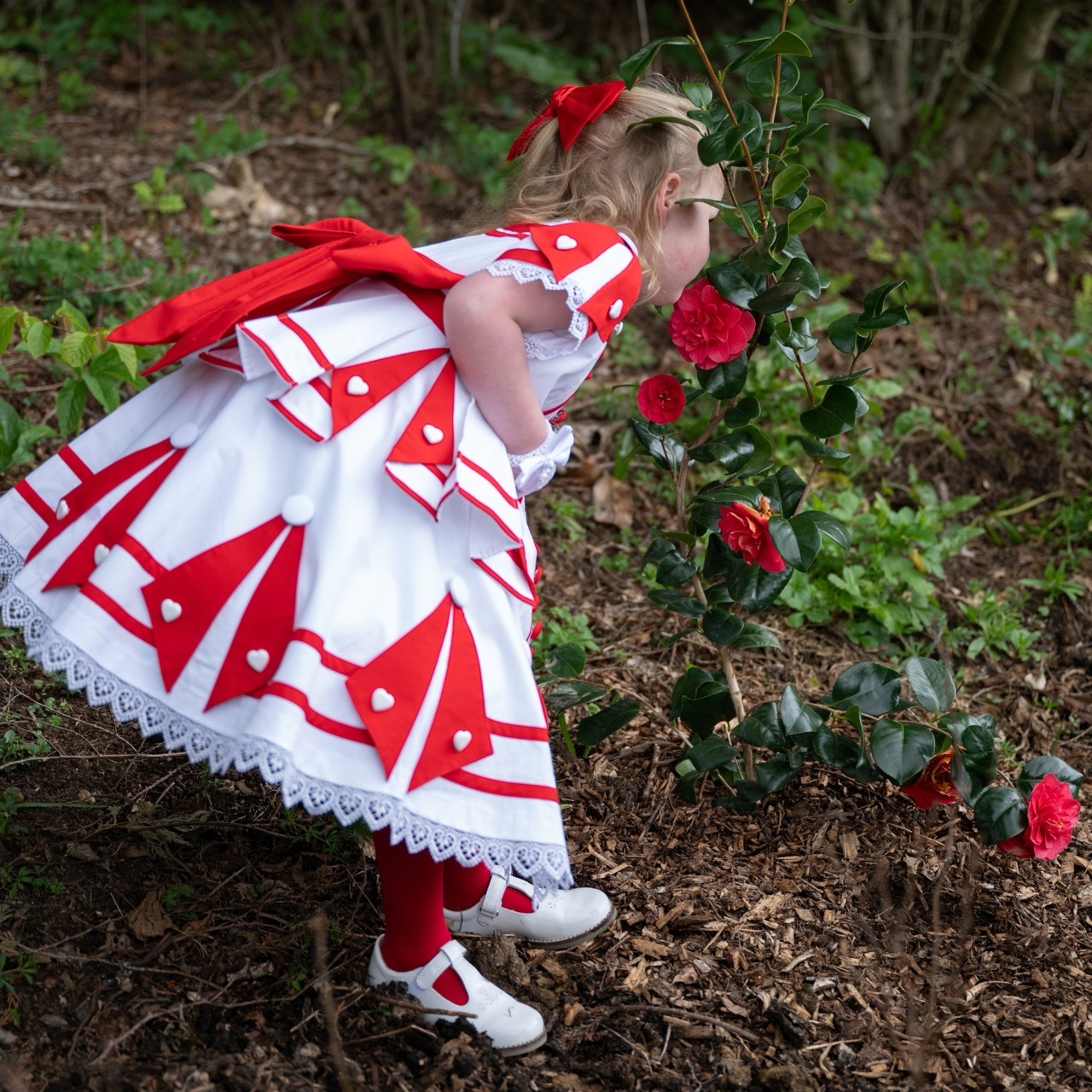A little girl dressed in 19th-century dress bends down to smell a rose in a woodland garden. She is wearing a crisp red-and-white Victorian dress, decorated with white hearts, heart-shaped lace, and a big red bow at the back.