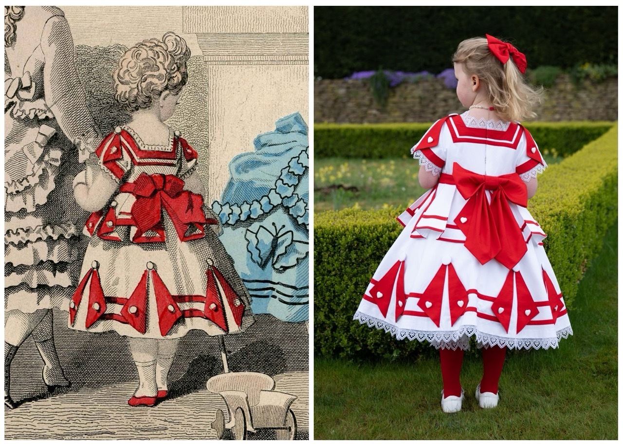 Side-by-side comparison of the original Journal des Demoiselles (1870) fashion plate with an image from the Alice photoshoot. The dress was based on said fashion plate as well as sketches of Lewis Carroll’s Queen of Hearts in his original manuscript.