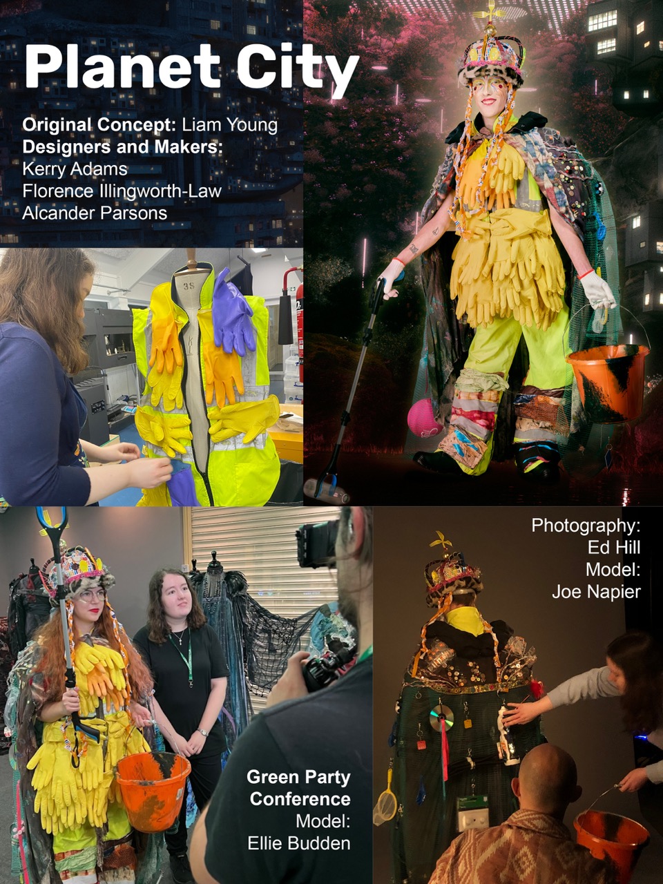 A vibrant fashion display featuring a model in an elaborate costume made of various materials, including a colourful top with yellow and orange detailing. Surrounding images show a group of people involved in fashion design, and text overlays provide context about the event and contributors.
