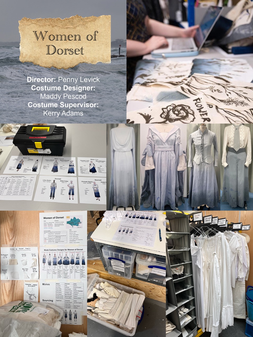 A collage representing the production "Women of Dorset." It features a title card with crew details, costume sketches, and various costumes arranged on a table, alongside bins and notes related to costume design.