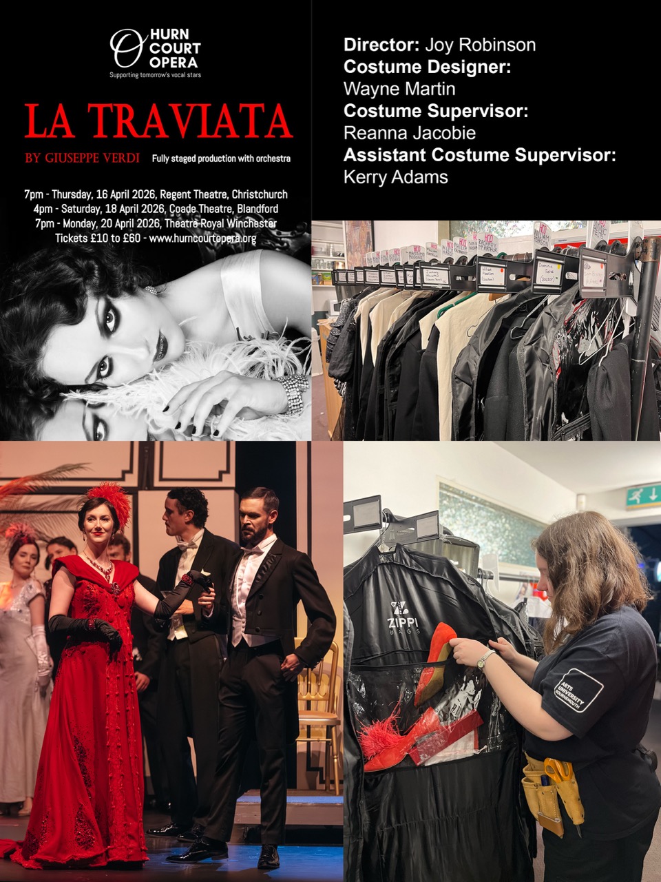 A promotional poster for the opera "La Traviata" featuring a black and white headshot of a woman in a dramatic pose on the left. The right side displays costume fittings with various outfits on hangers. Details of the director and costume team are listed at the bottom.